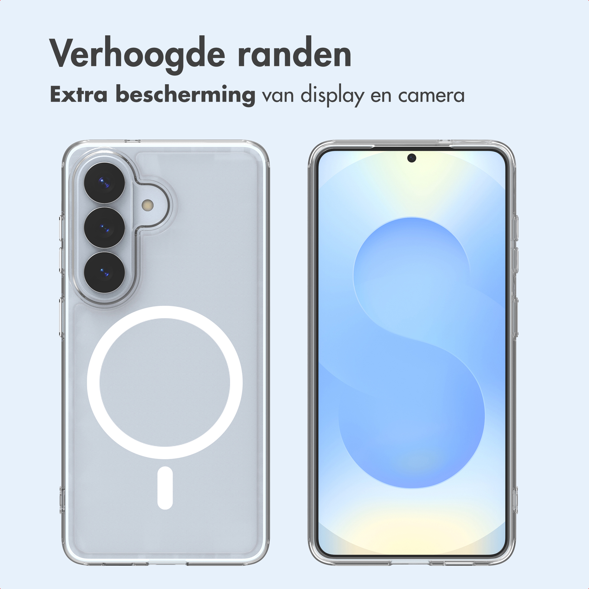 Deux coques de téléphone transparentes, une avec le téléphone, l'autre vide. Texte néerlandais : Bords surélevés et protection supplémentaire.