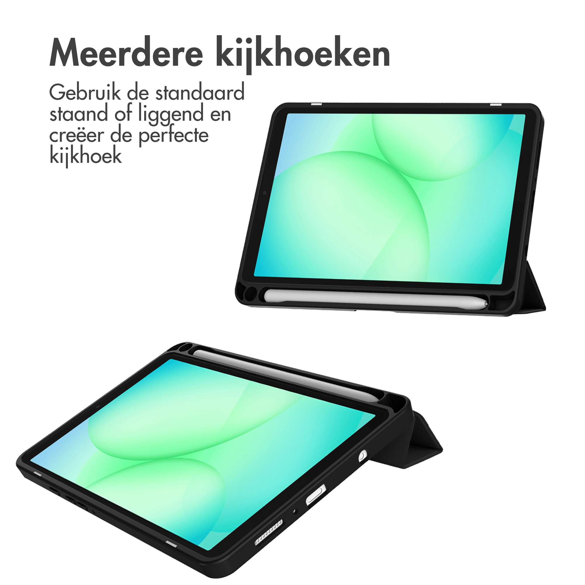Twee tablets in zwarte hoesjes met stylus, diverse hoeken. Groen-blauw scherm, witte achtergrond. Nederlandse tekst.