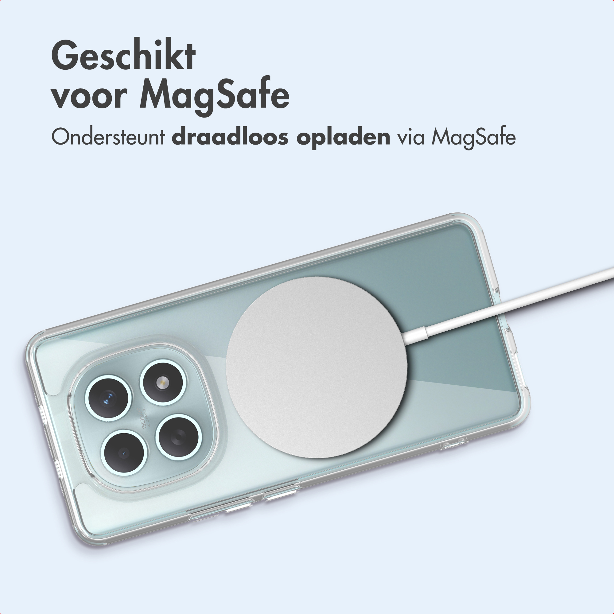Telefono in custodia trasparente con caricatore MagSafe. Testo: adatto per MagSafe e supporta la ricarica wireless.