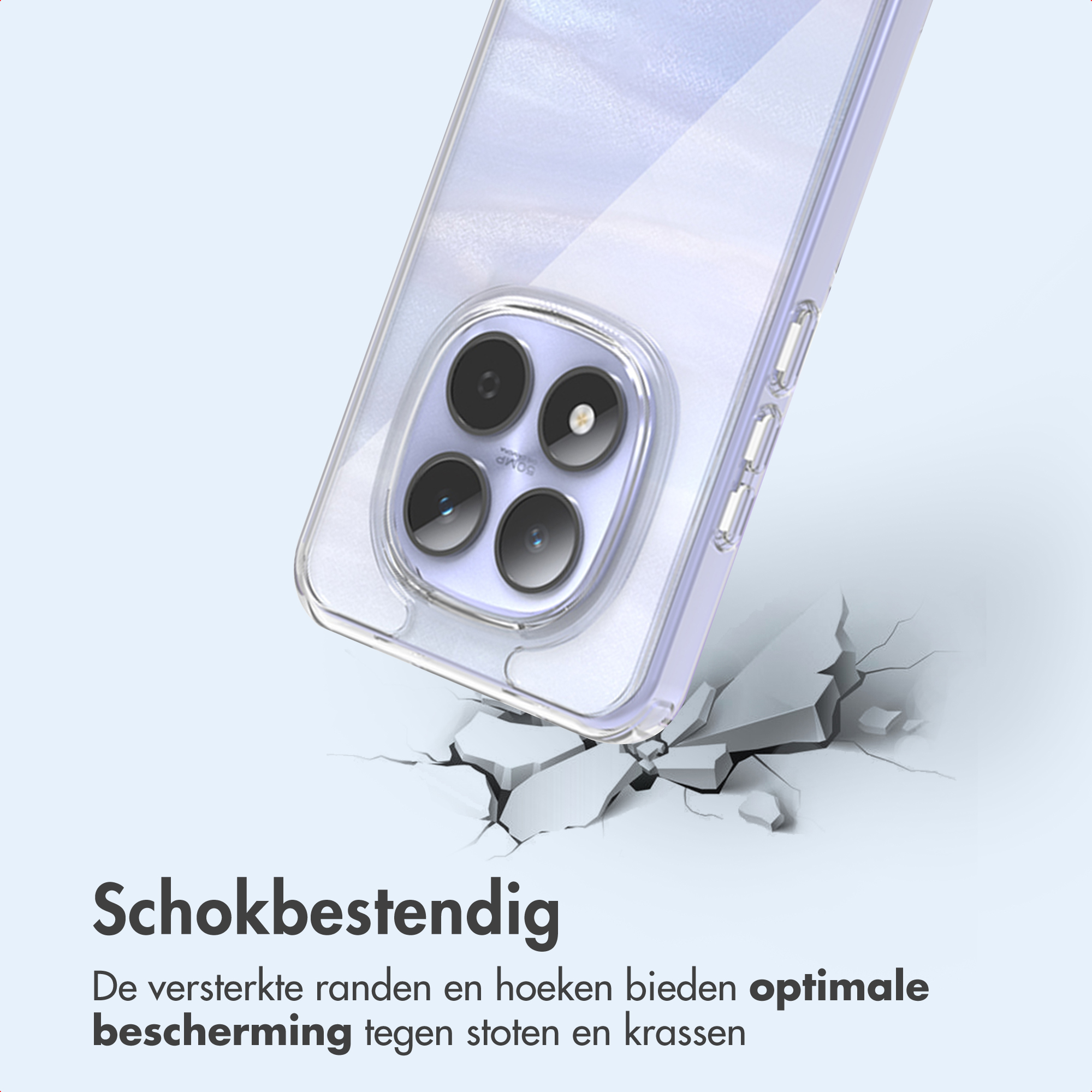Een telefoonhoesje ligt op een gebarsten oppervlak. De hoes is transparant en de telefoon heeft zwarte camera's.
