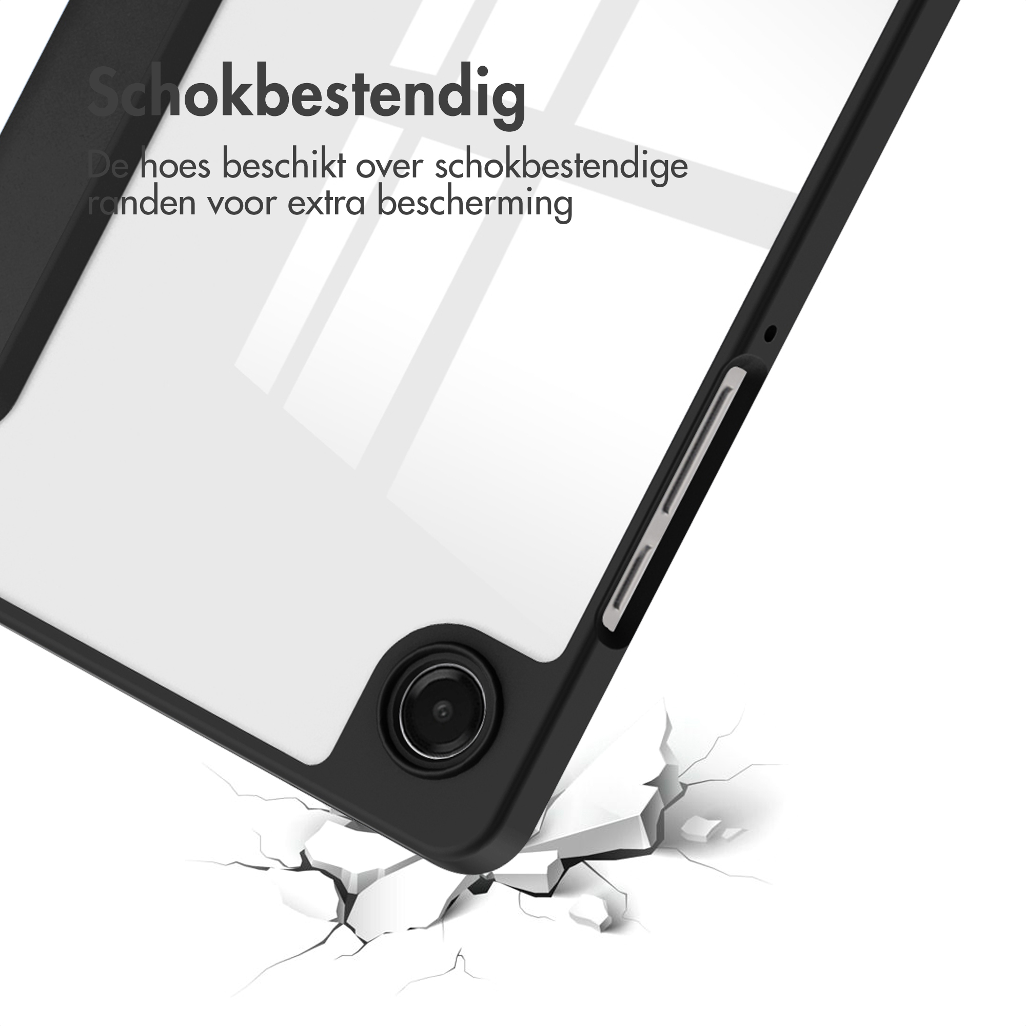Zwarte telefoonhoes met camera, gebarsten wit oppervlak eronder, toont schokbestendigheid.