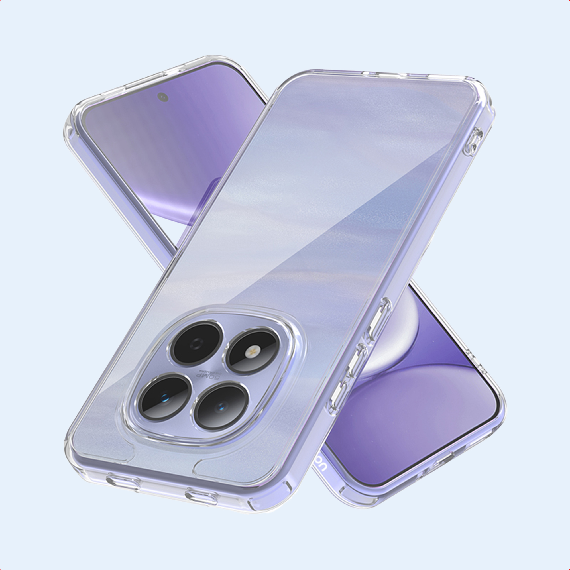 Twee telefoons in transparante hoesjes, de een over de ander. Hoesjes hebben een paarse tint en staan op een lichtblauwe achtergrond.