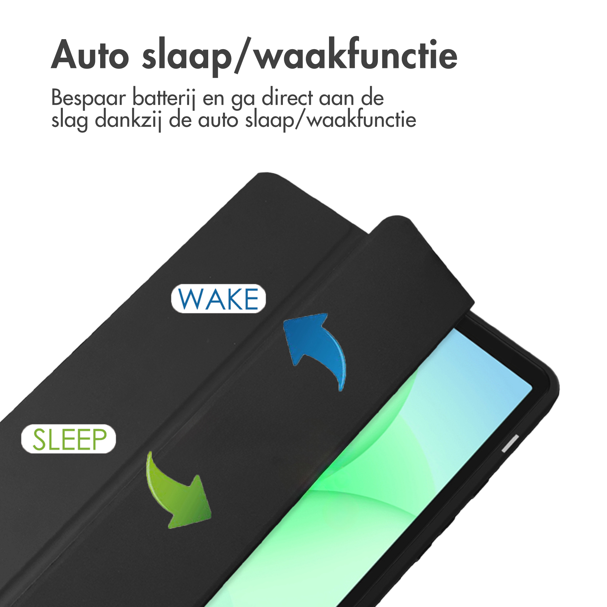 Een tablethoes is open, onthult het scherm. Tekst luidt: Auto sleep/wake functie. Pijlen duiden op slaap/wake.