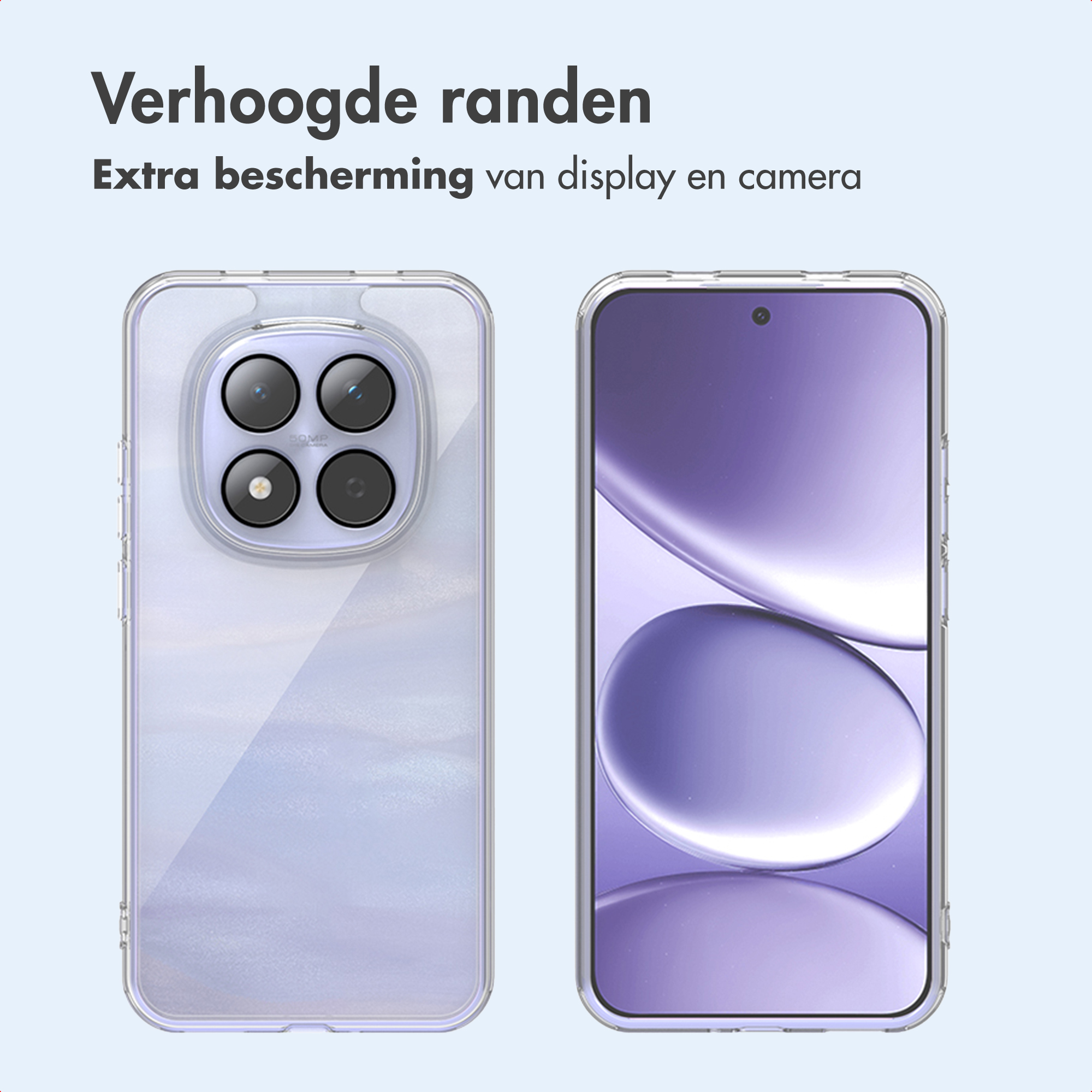 Twee telefoonhoesjes, één met camera's, de andere toont het scherm. Tekst zegt 'Extra bescherming'.