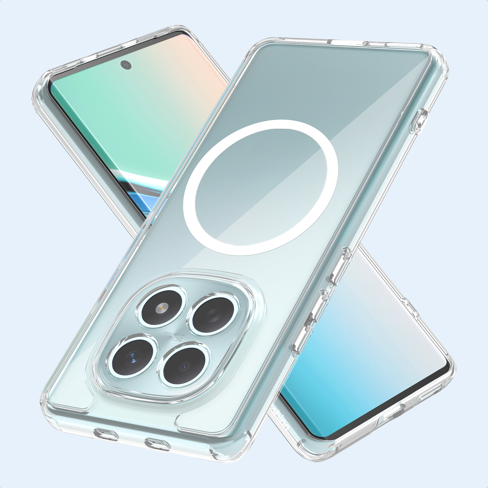 Due custodie trasparenti per telefono con telefoni all'interno. Uno angolato sull'altro. Plastica trasparente con ritagli per la fotocamera e un cerchio bianco.