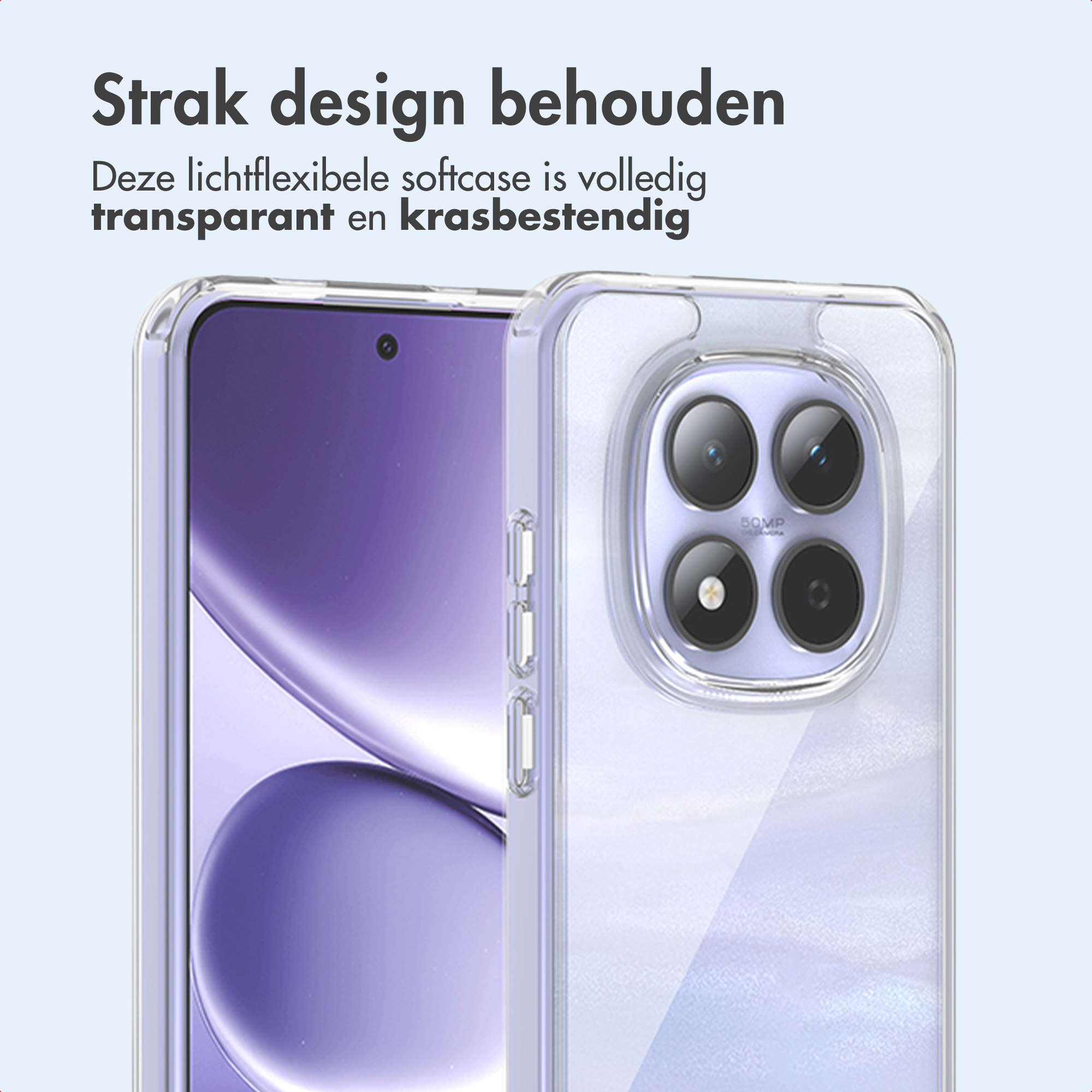 Een doorzichtige telefoonhoes die een paarse telefoon beschermt. De hoes heeft een camera-uitsparing en zijknoppen.