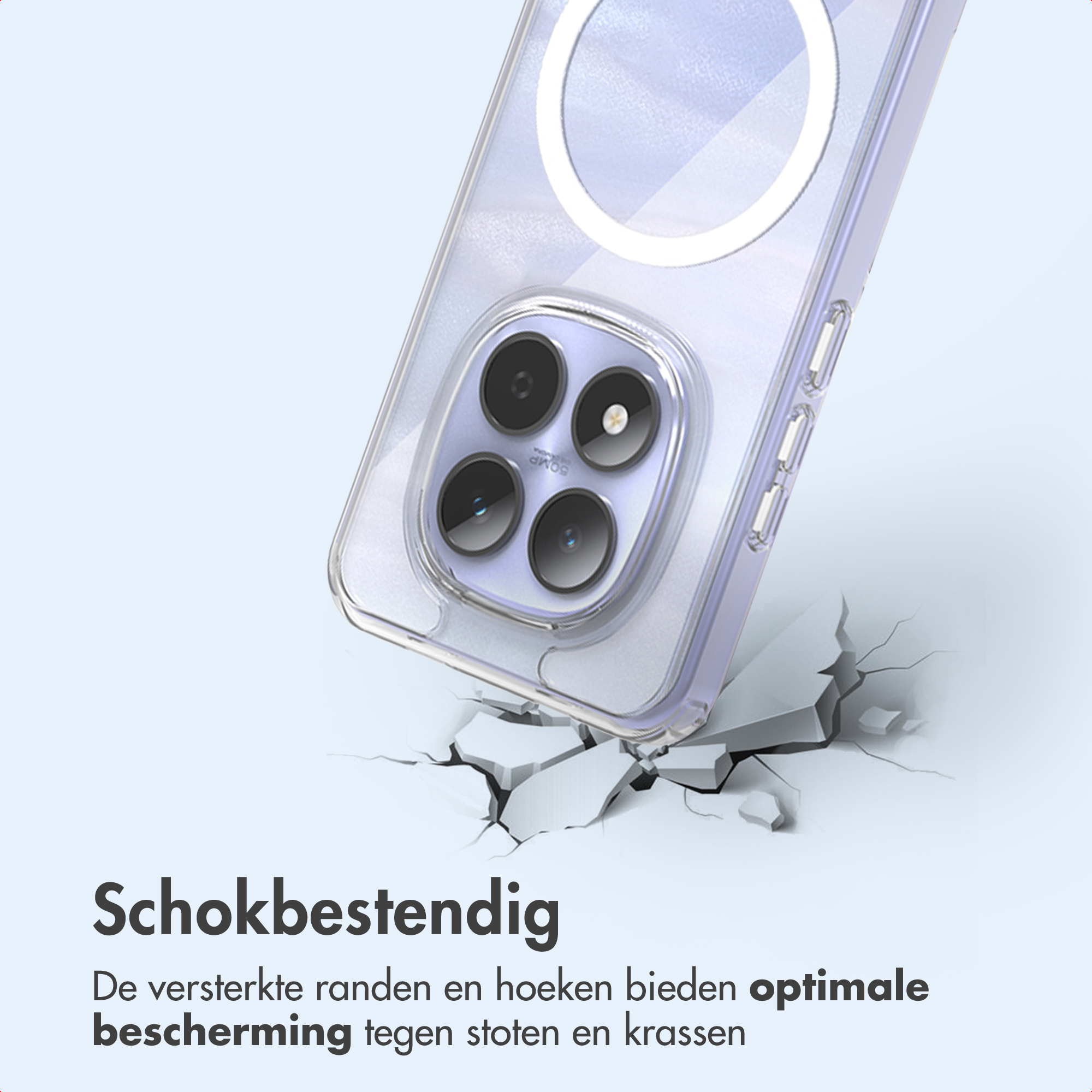 Une coque de téléphone est montrée, orientée vers une surface cassée. La coque est transparente avec un anneau magnétique et une protection d'appareil photo.