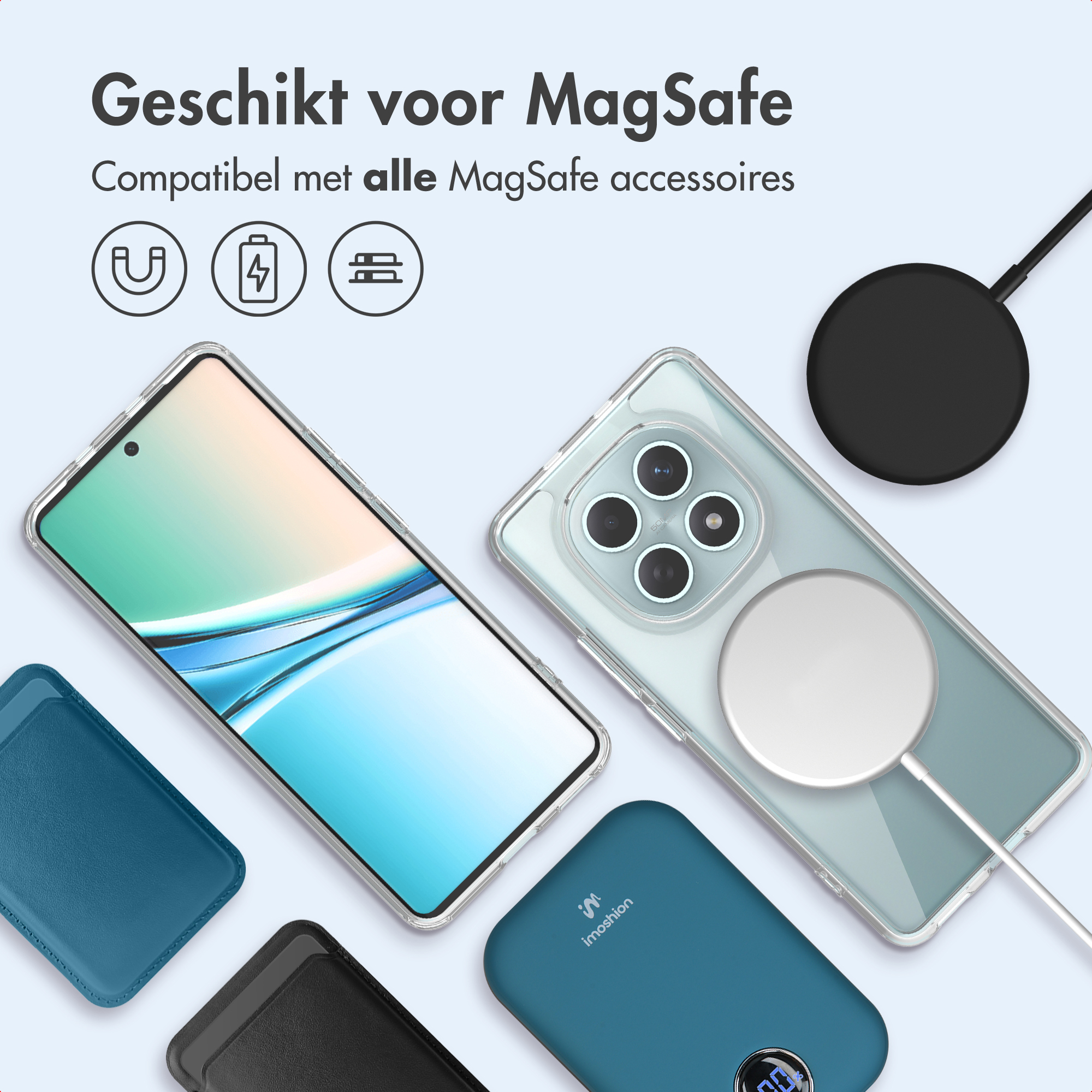 L'immagine mostra custodie per telefoni, caricabatterie e un telefono, tutti compatibili con gli accessori MagSafe.