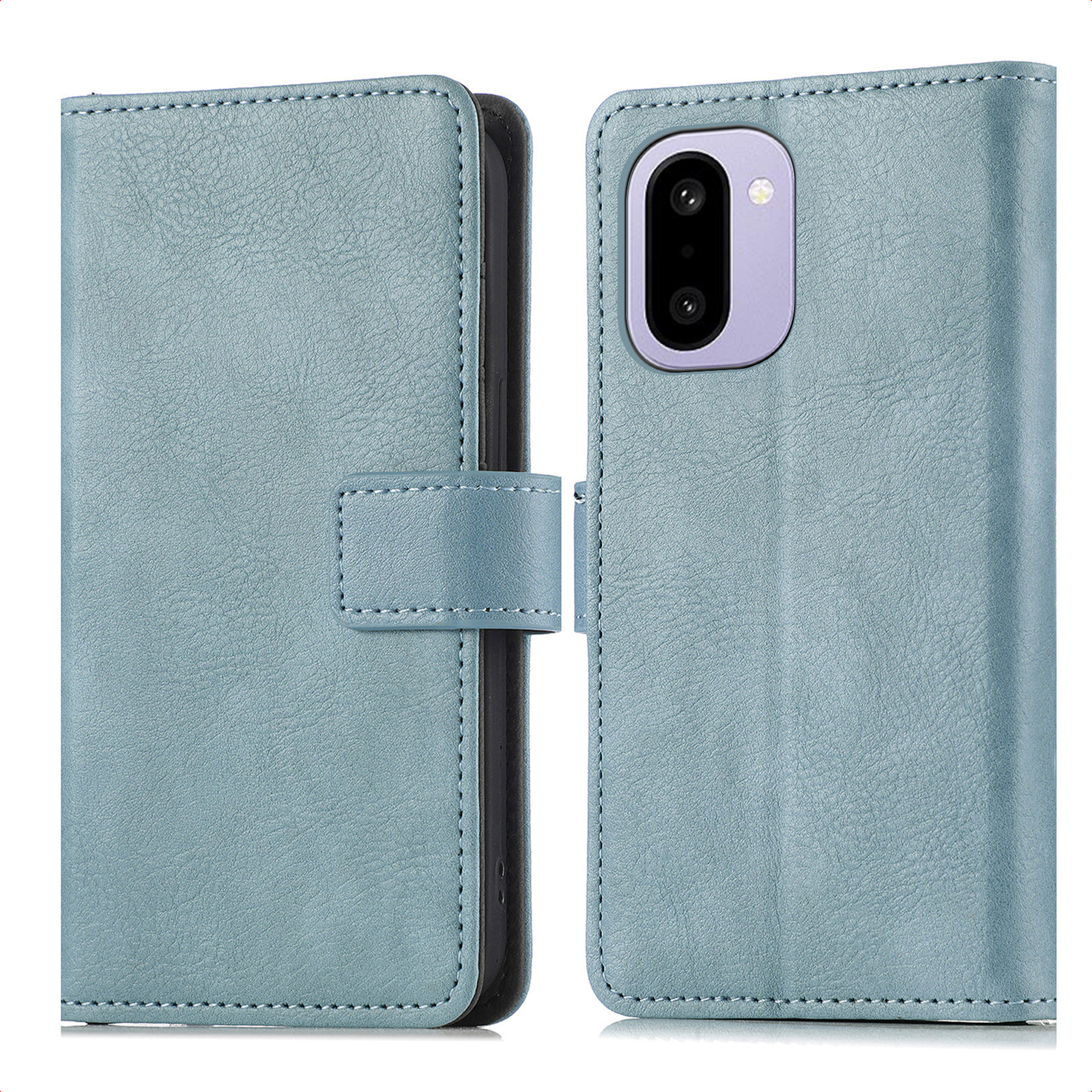 Een blauwe leren telefoonhoes, open om een telefoon te onthullen. De hoes heeft een magnetische sluiting.