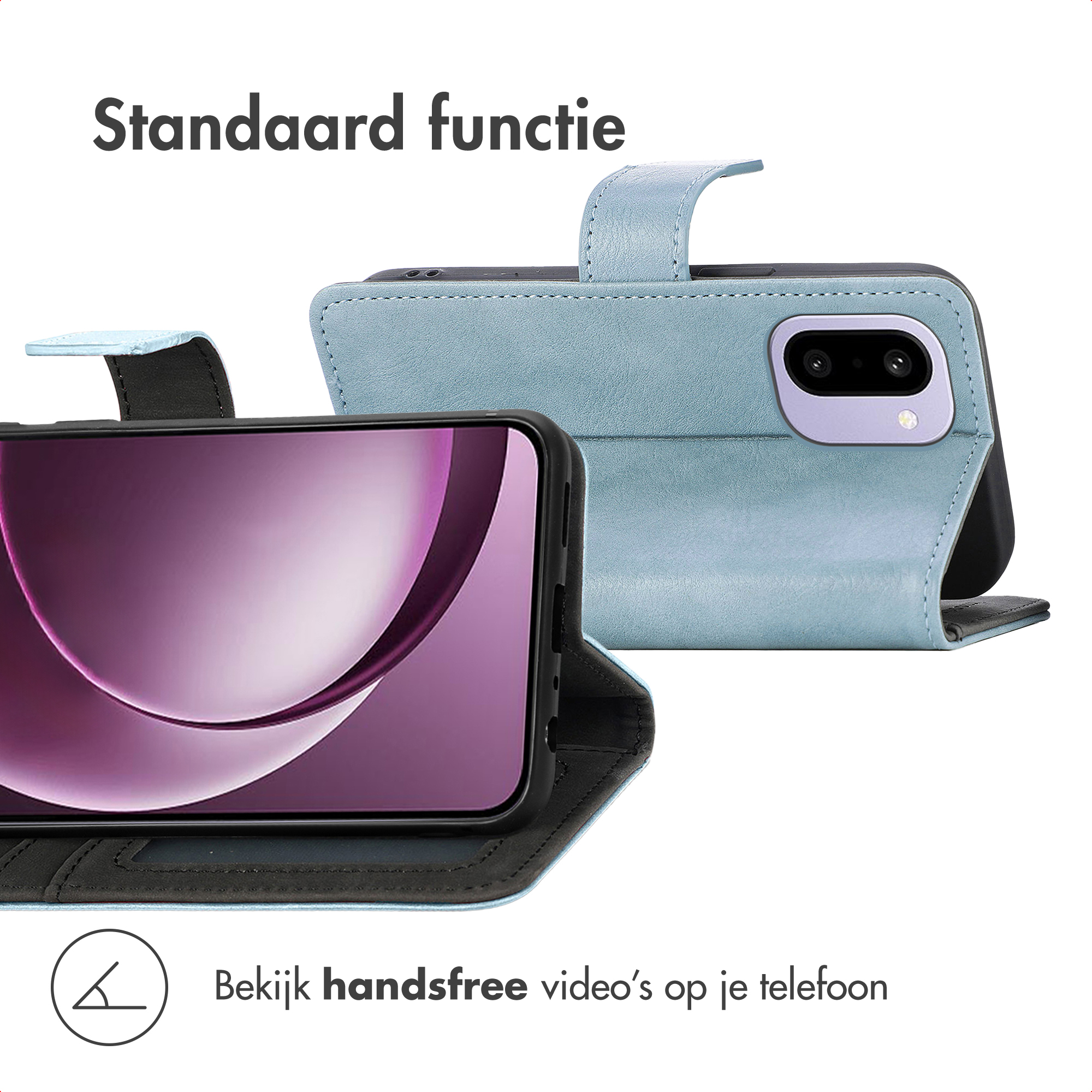 Een telefoon in een blauwe hoes toont een paars scherm. De hoes is open, met een lipje. Tekst: 'Standaardfunctie'.