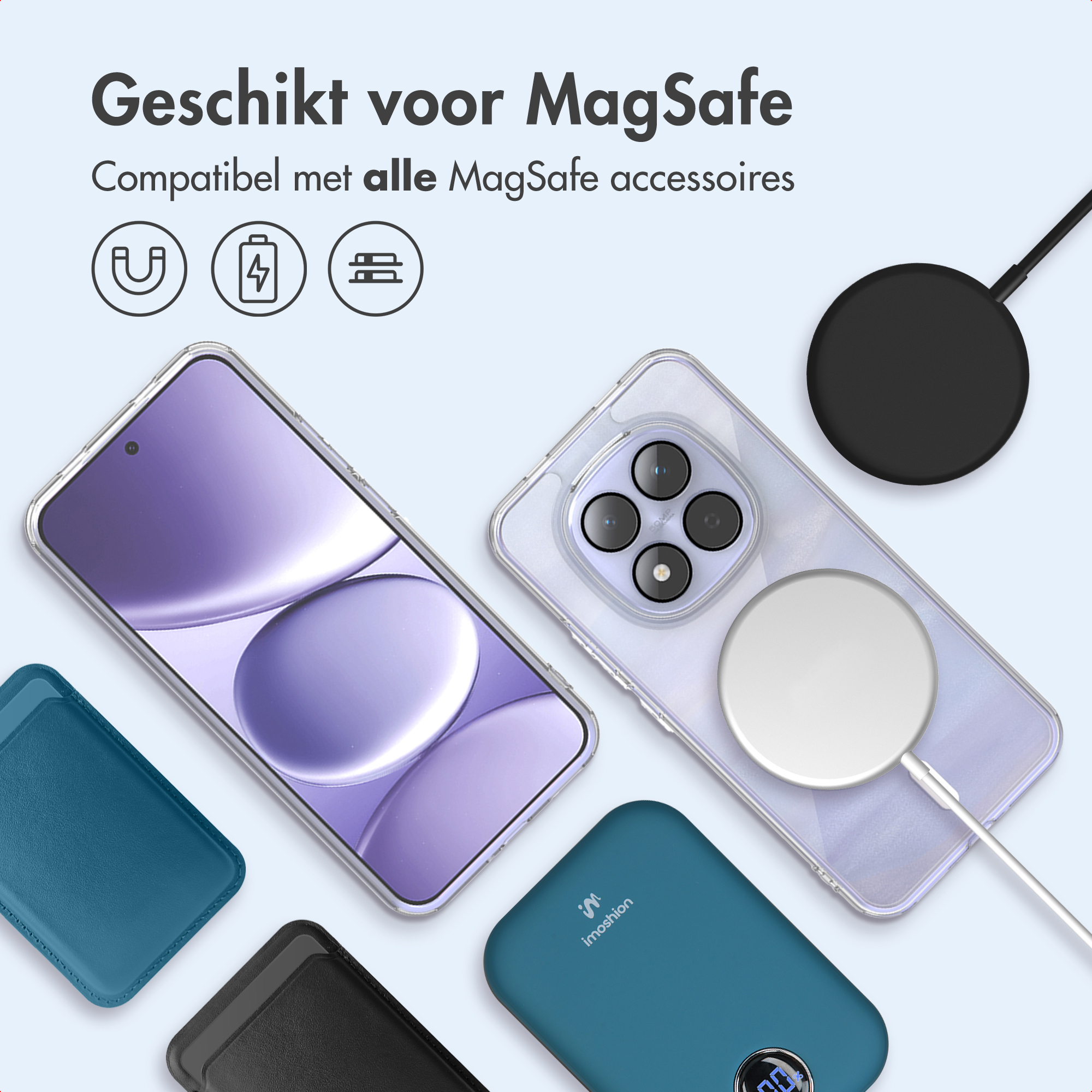 L'image montre des téléphones, des chargeurs et des accessoires compatibles MagSafe. Les couleurs incluent le bleu, le noir et le blanc.