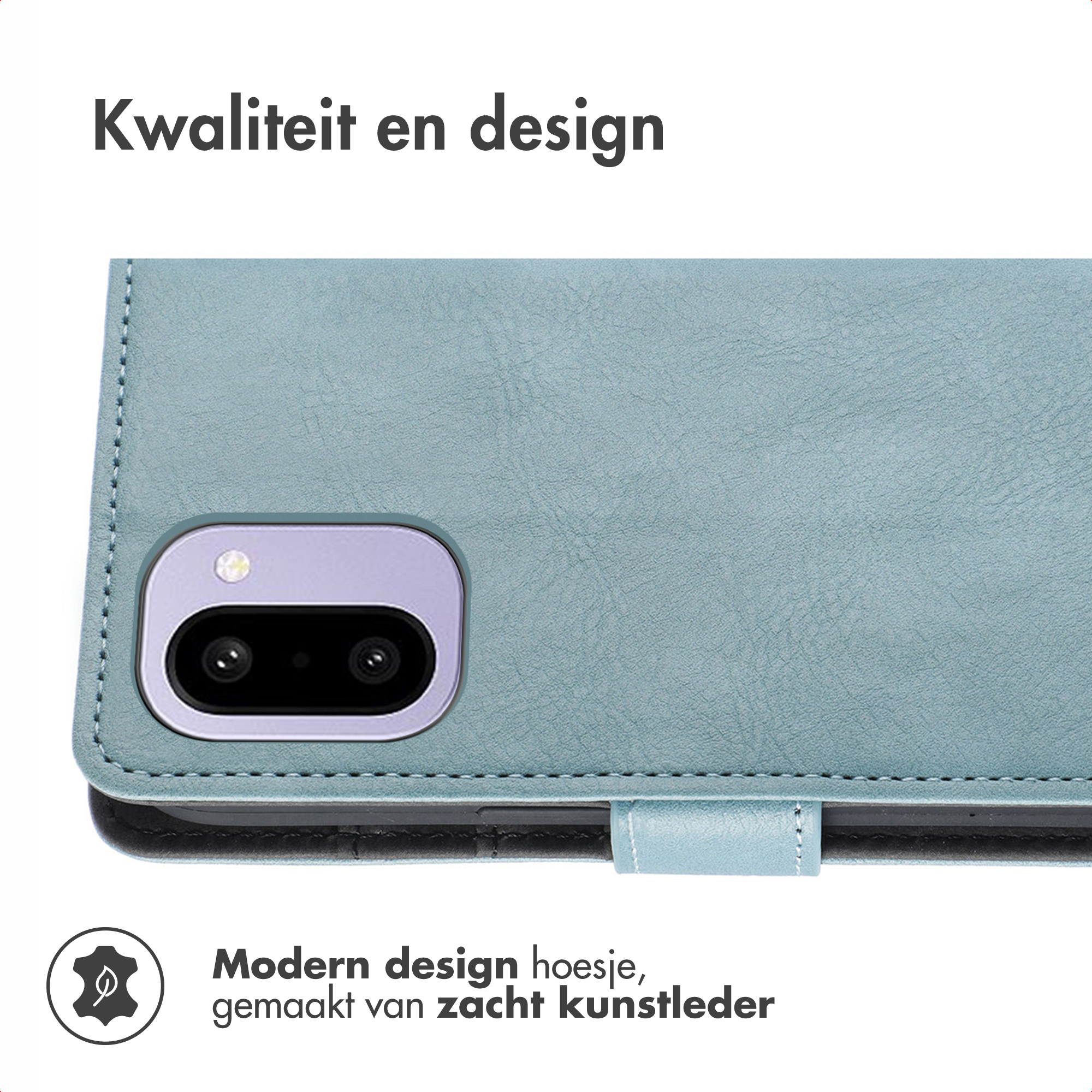 Close-up van een blauwe telefoonhoes met camera-uitsparing. Tekst: 'Kwaliteit en design' en 'Modern design hoesje'.