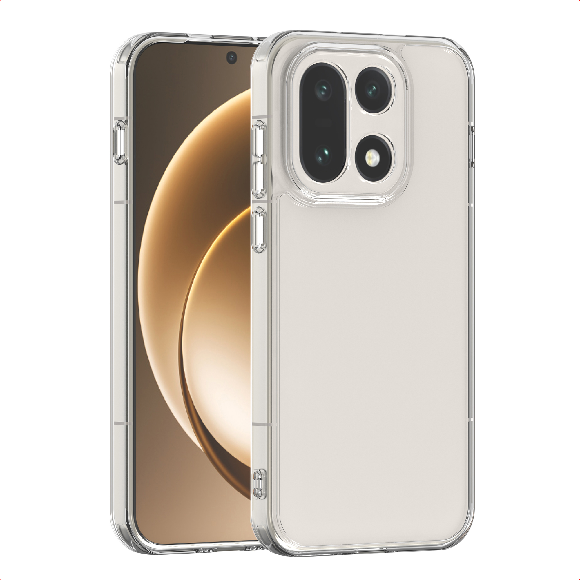 Een doorzichtige telefoonhoes met een telefoon erin. De telefoon heeft een goudkleurig scherm. De hoes heeft uitsparingen voor de camera.