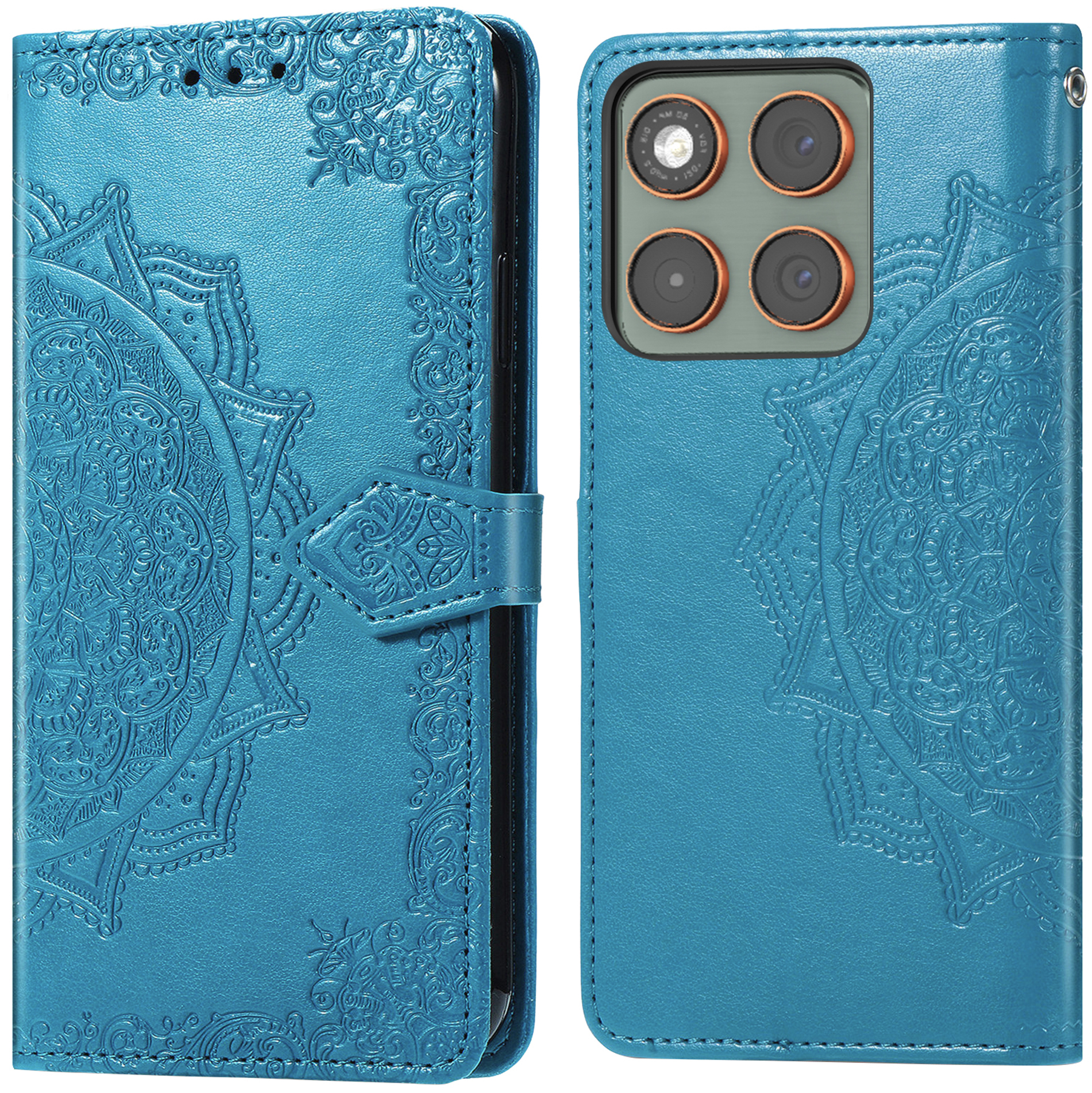 Teal telefoonhoesje. Het heeft een mandala-ontwerp en een flap met een magnetische sluiting. De hoes is open.