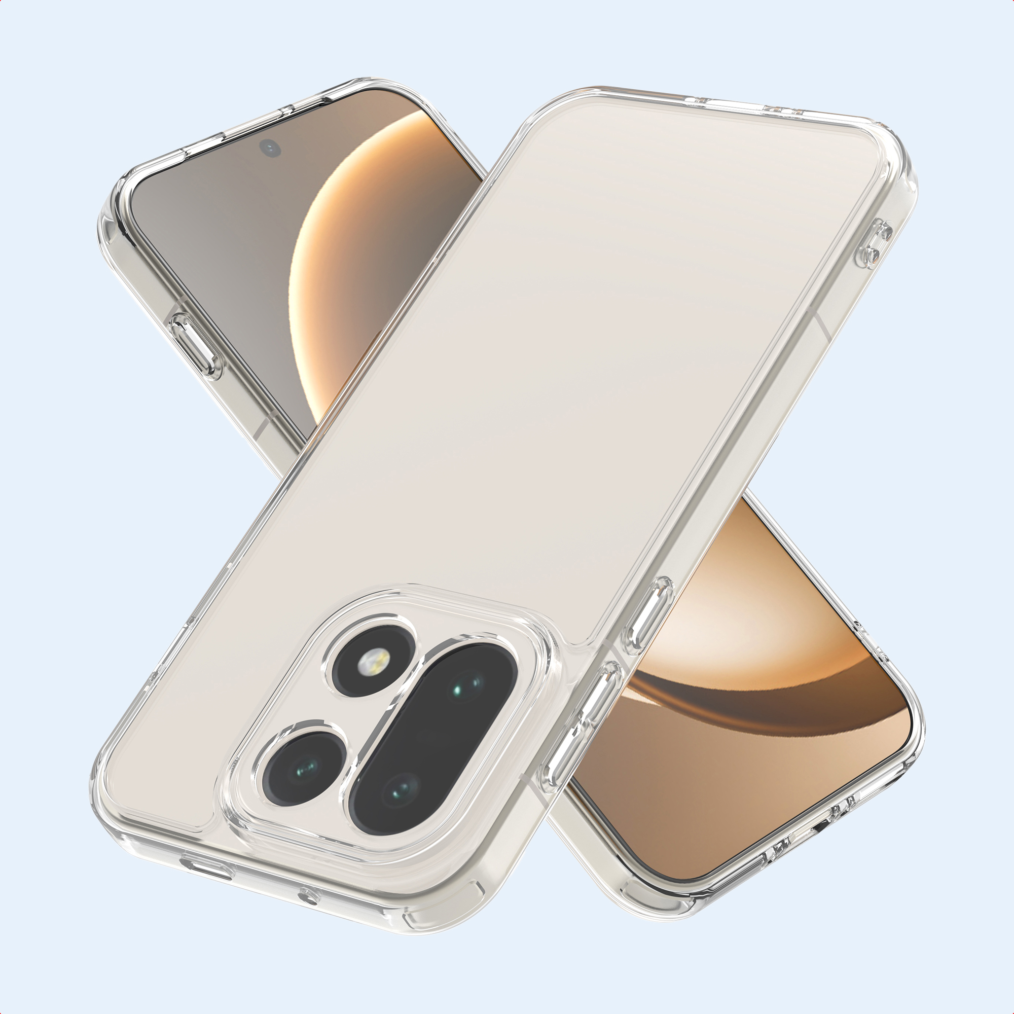 Transparante telefoonhoes over een telefoon. De telefoon is zichtbaar op de achtergrond. Lichtblauwe achtergrond.
