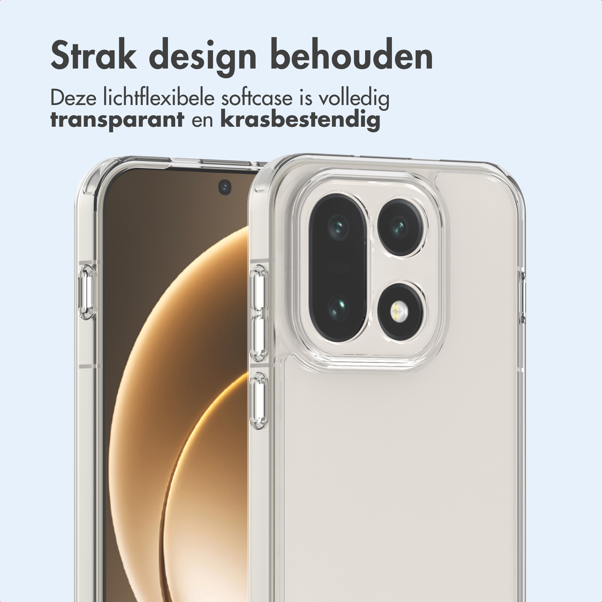Transparante telefoonhoes. Telefoon zichtbaar door de hoes. Tekst: 'Strak design behouden...transparant en krasbestendig'.