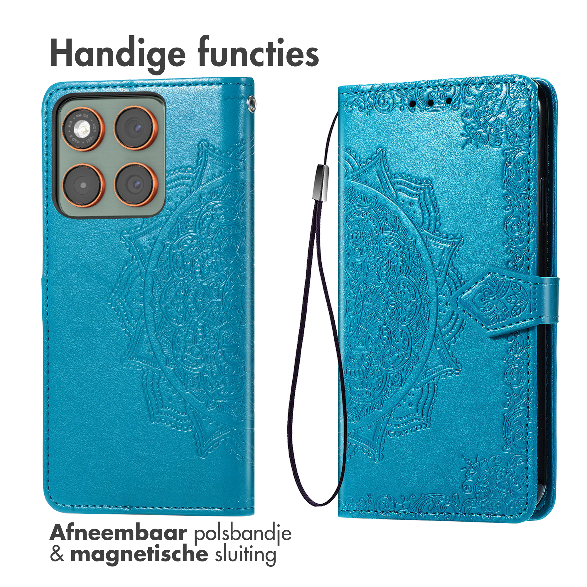 Turquoise telefoonhoes met mandala-ontwerp. Kenmerken: afneembare polsband en magnetische sluiting.
