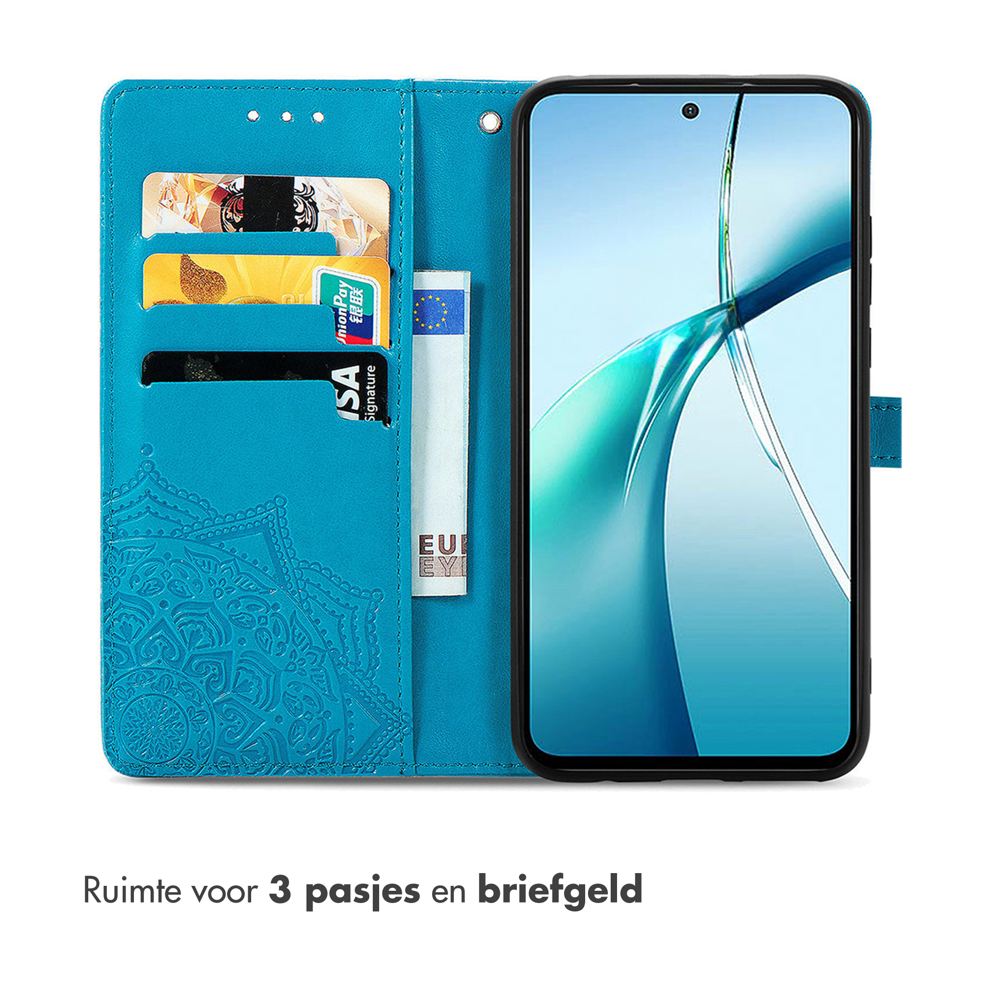 Een teal telefoonhoesje met een telefoon rechts. Hoesje heeft kaartsleuven en een mandala patroon.