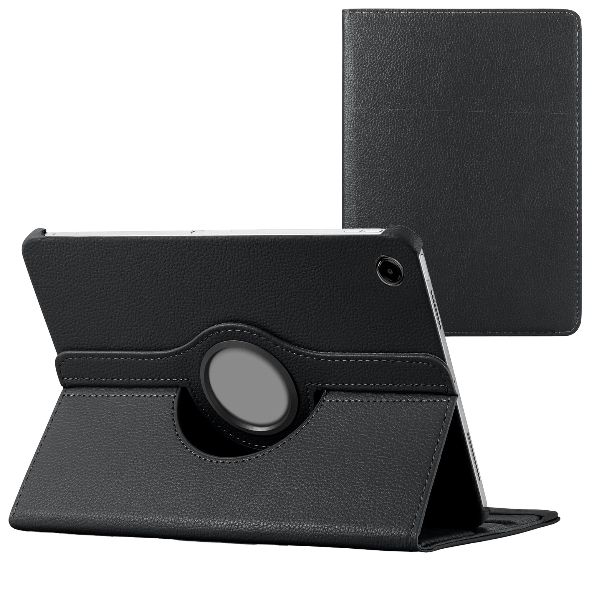 Étui de tablette noir. La tablette est dans l'étui, et un second étui est derrière. L'étui a une bague rotative.