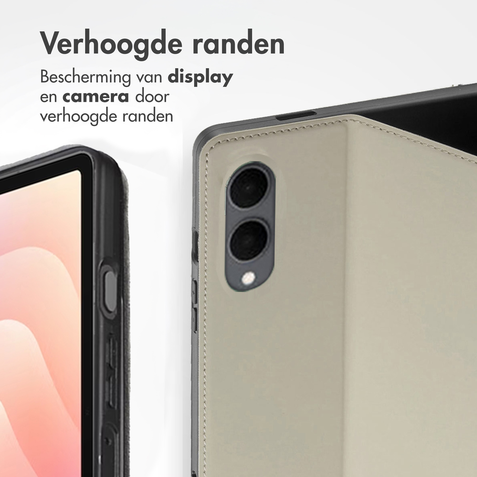 Tablet case with raised edges. Text states 'Protection of display and camera by raised edges'.