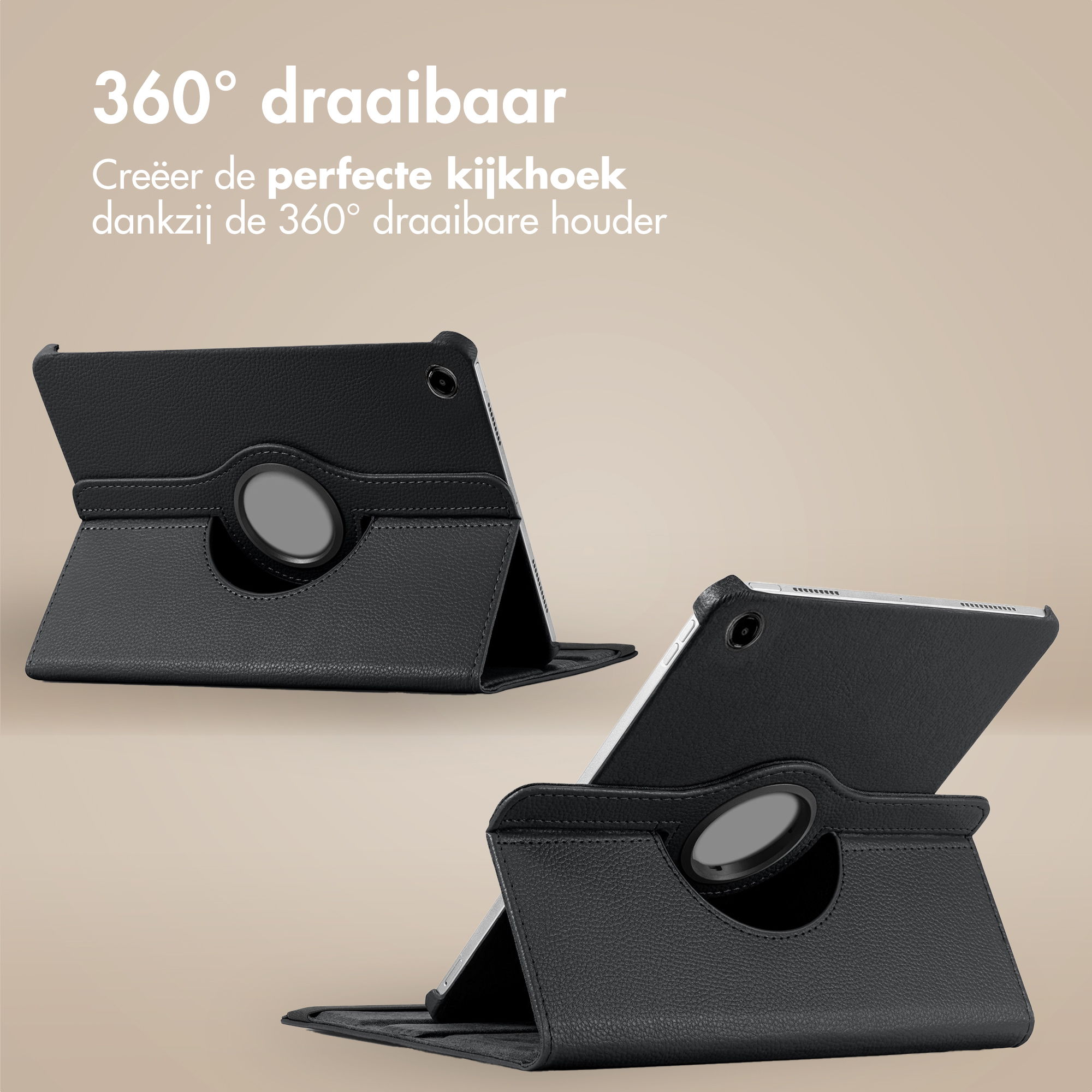 Étui de tablette noir en deux positions. L'étui a un support rotatif à 360 degrés. Fond beige.