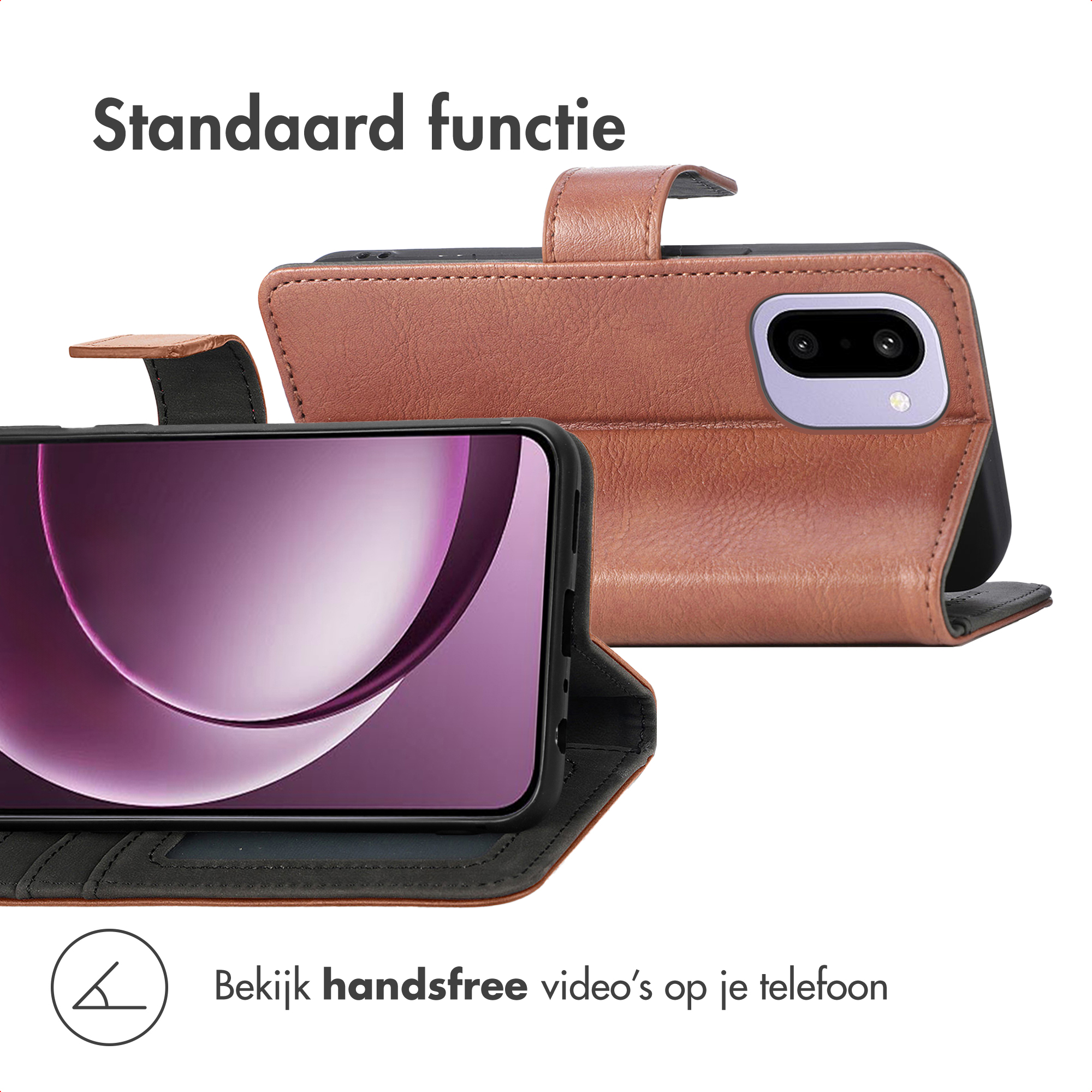 Een telefoon in een bruine leren hoes. Het scherm toont een paarse gradiënt. Tekst: 'Standaard functie'.