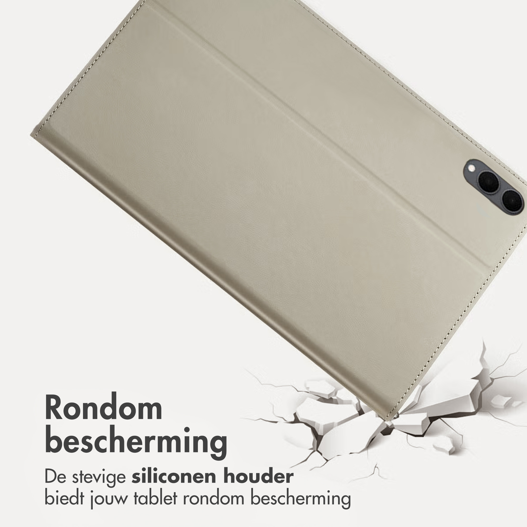 A beige tablet case is angled, touching a surface with cracks. Text: 'All-around protection'.
