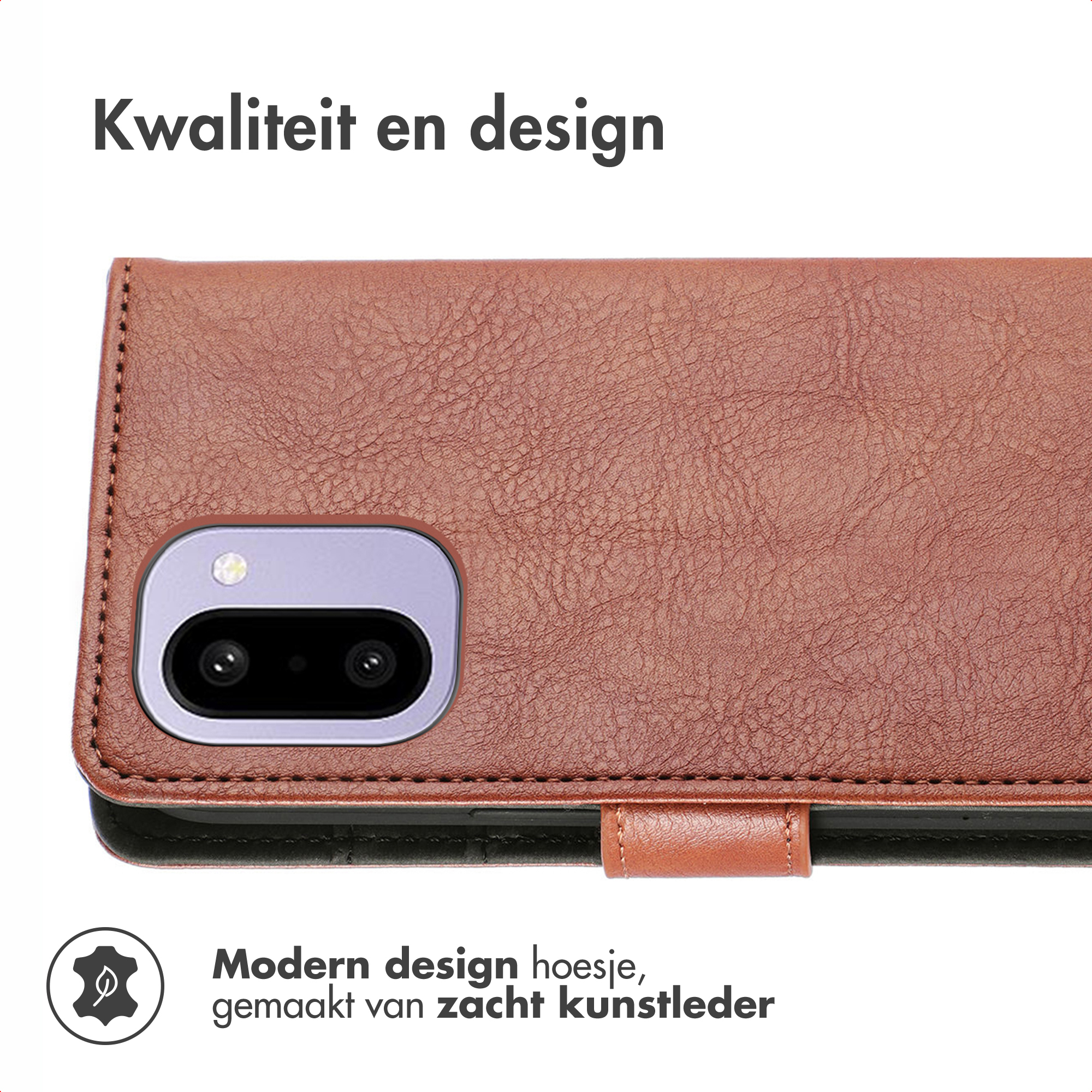 Een bruine leren telefoonhoes met camera-uitsparing. Tekst: 'Kwaliteit en design' en 'Modern design hoesje'.
