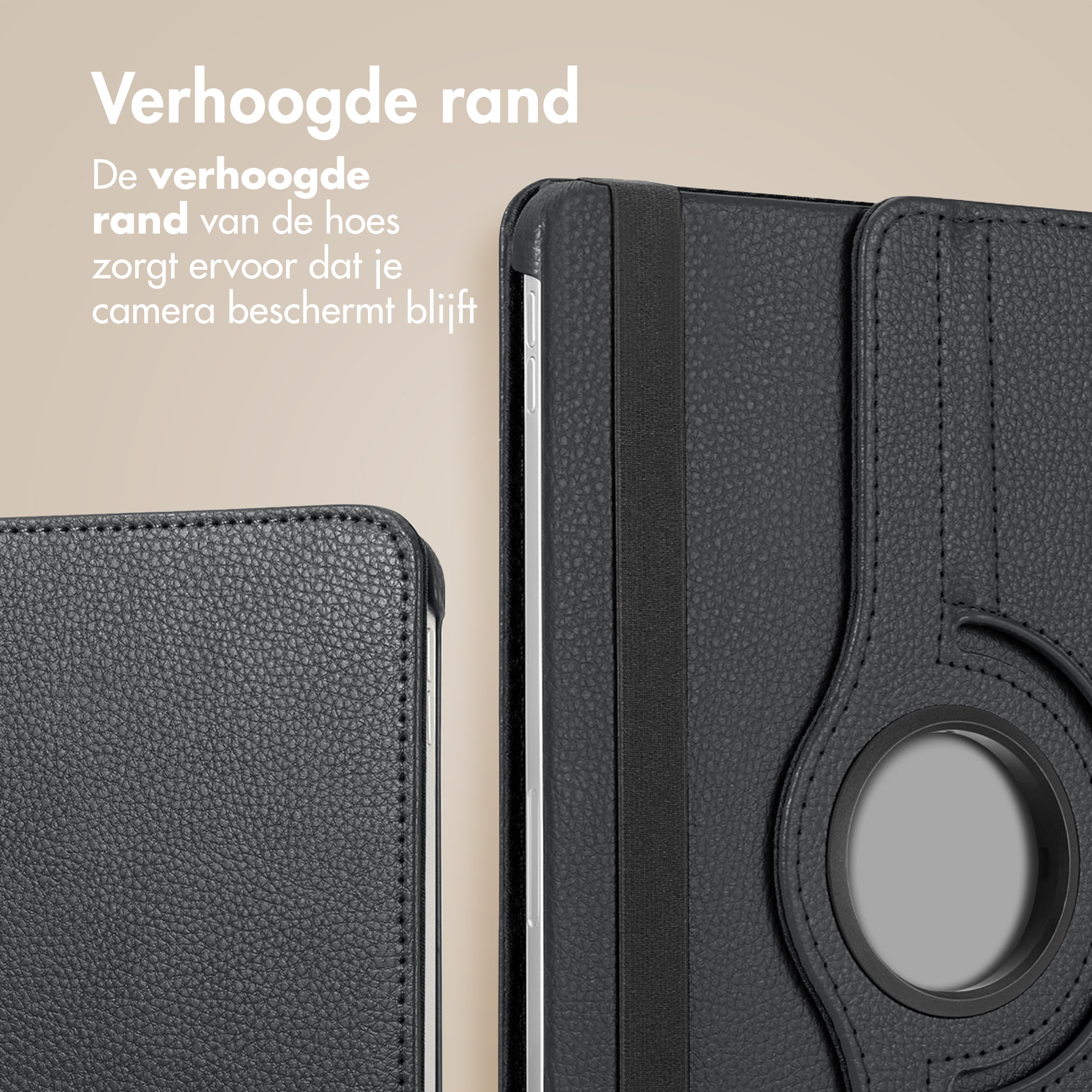 Gros plan sur un étui de tablette noir avec un bord surélevé. Une bande élastique noire et un trou pour la caméra sont visibles.