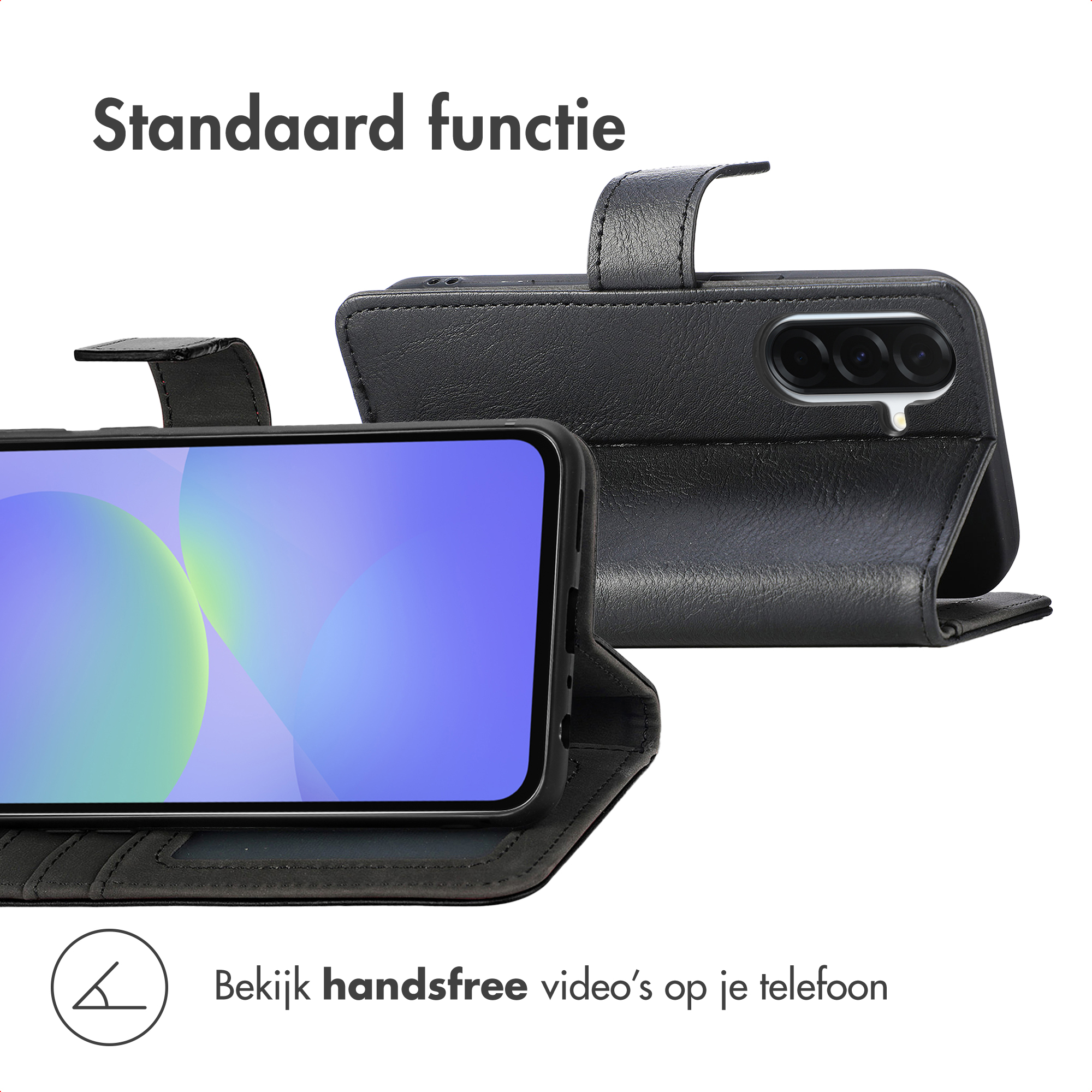 Zwarte telefoonhoes met telefoon. De hoes is open en heeft een scherm. Tekst: 'Standaard functie'.