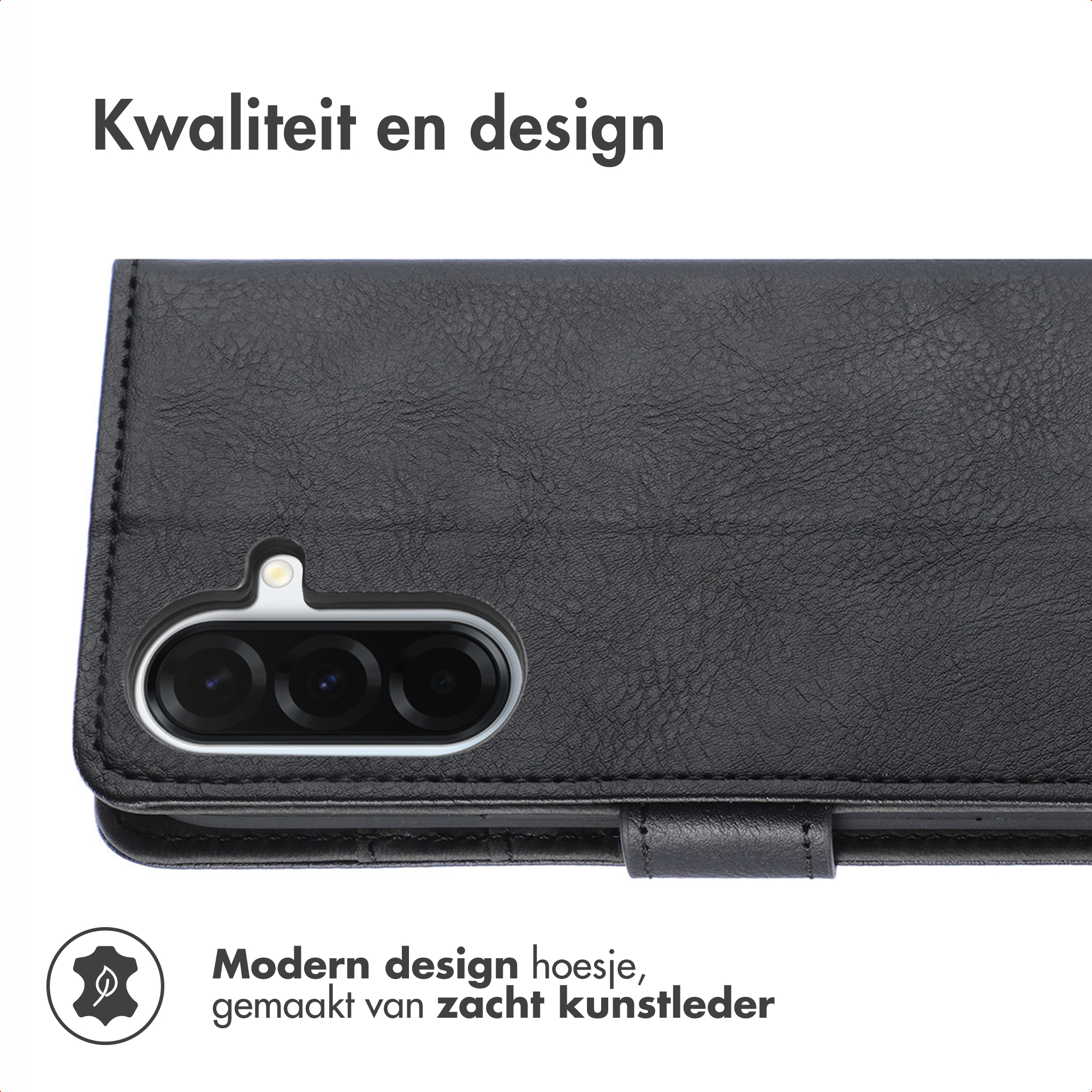Zwarte leren telefoonhoes met camera-uitsparing. Tekst: 'Kwaliteit en design' en 'Modern design gemaakt van zacht kunstleer'.