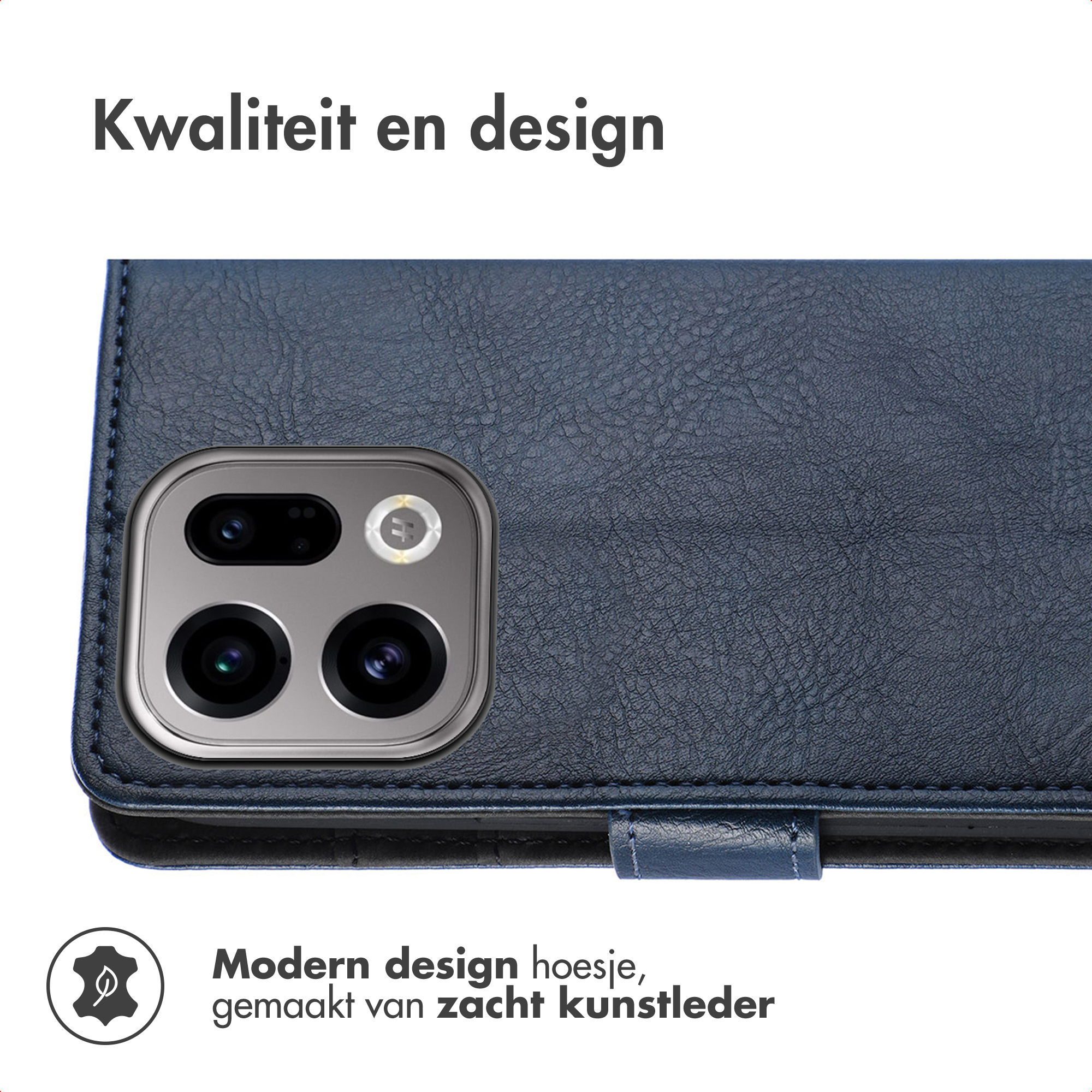 Custodia blu per telefono con ritaglio per fotocamera. Il testo recita 'Design moderno, realizzato in morbida ecopelle'.