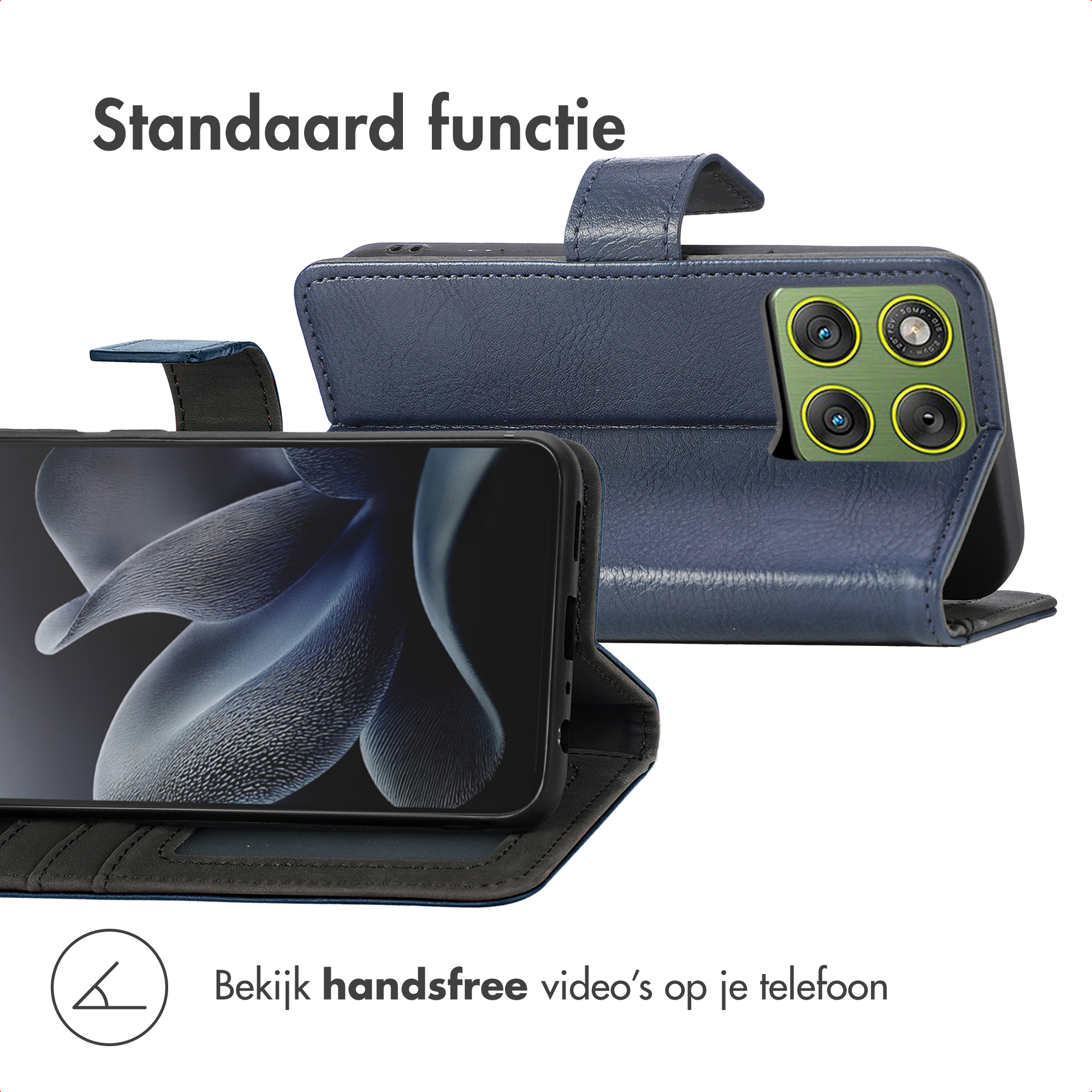 Een blauwe telefoonhoes met een telefoon erin wordt weergegeven, samen met een aparte hoes. Tekst: 'Standaard functie' en 'Bekijk handsfree video's op je telefoon'.