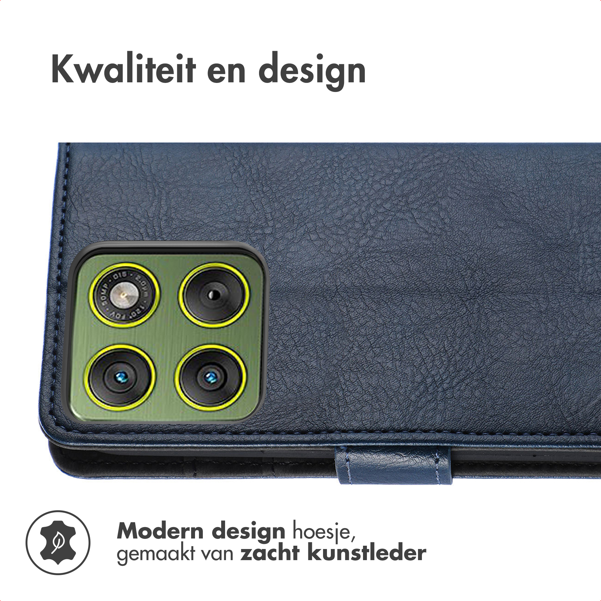 Close-up van een blauwe leren telefoonhoes met camera-uitsparingen. Tekst zegt 'Modern design hoes, gemaakt van zacht kunstleer'.