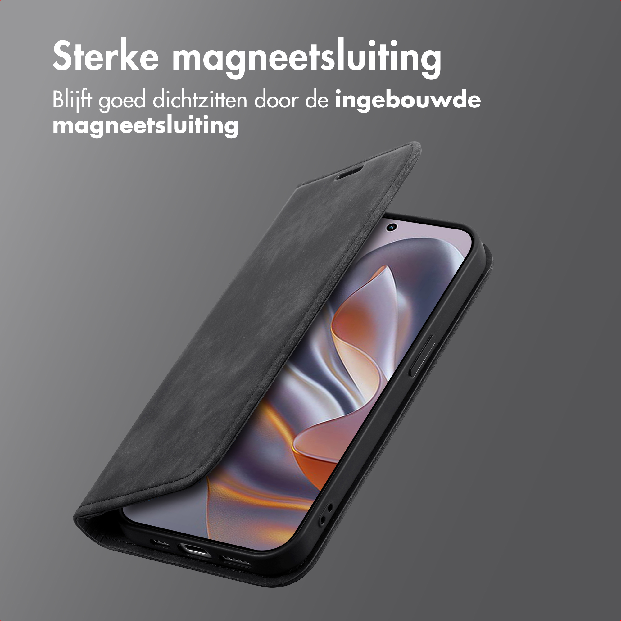 Un étui de téléphone ouvert révèle l'écran. L'étui est gris foncé, et le fond est un dégradé de gris.