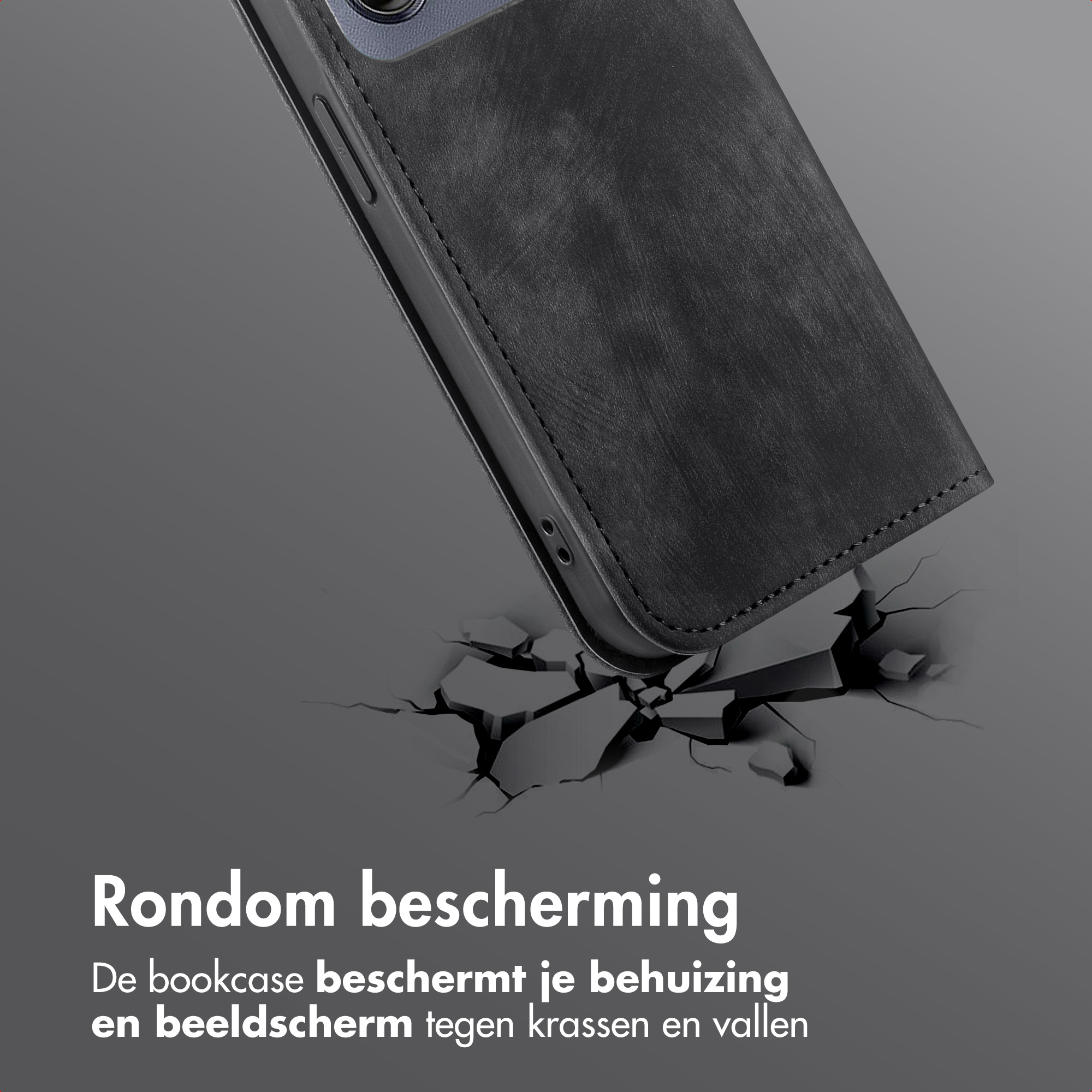Étui de téléphone noir tombant sur une surface, des fissures apparaissent. Texte: Protection intégrale : protège le boîtier et l'écran.