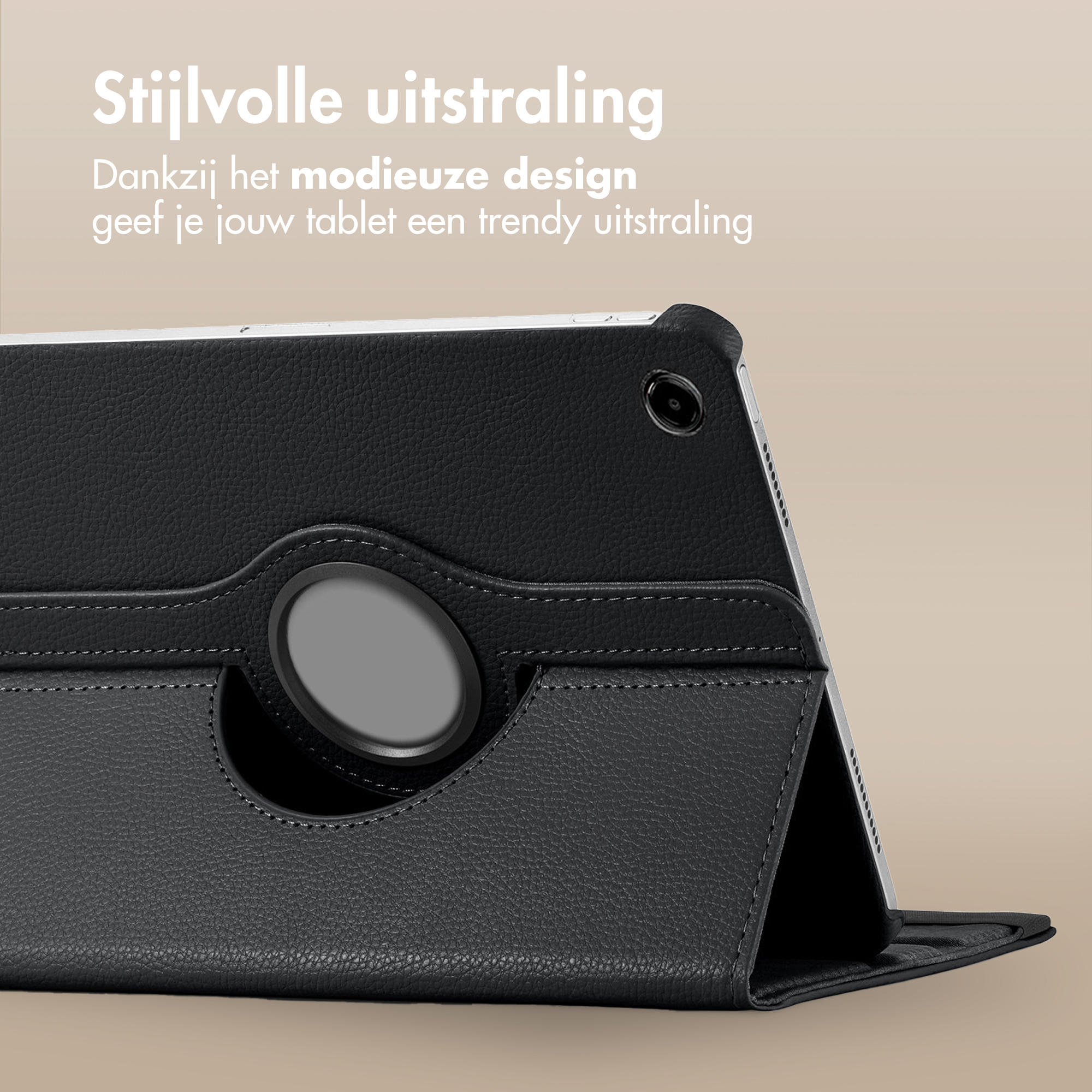 Black tablet case with a rotating ring, on a beige background. The case has a textured appearance. Texts at the top.