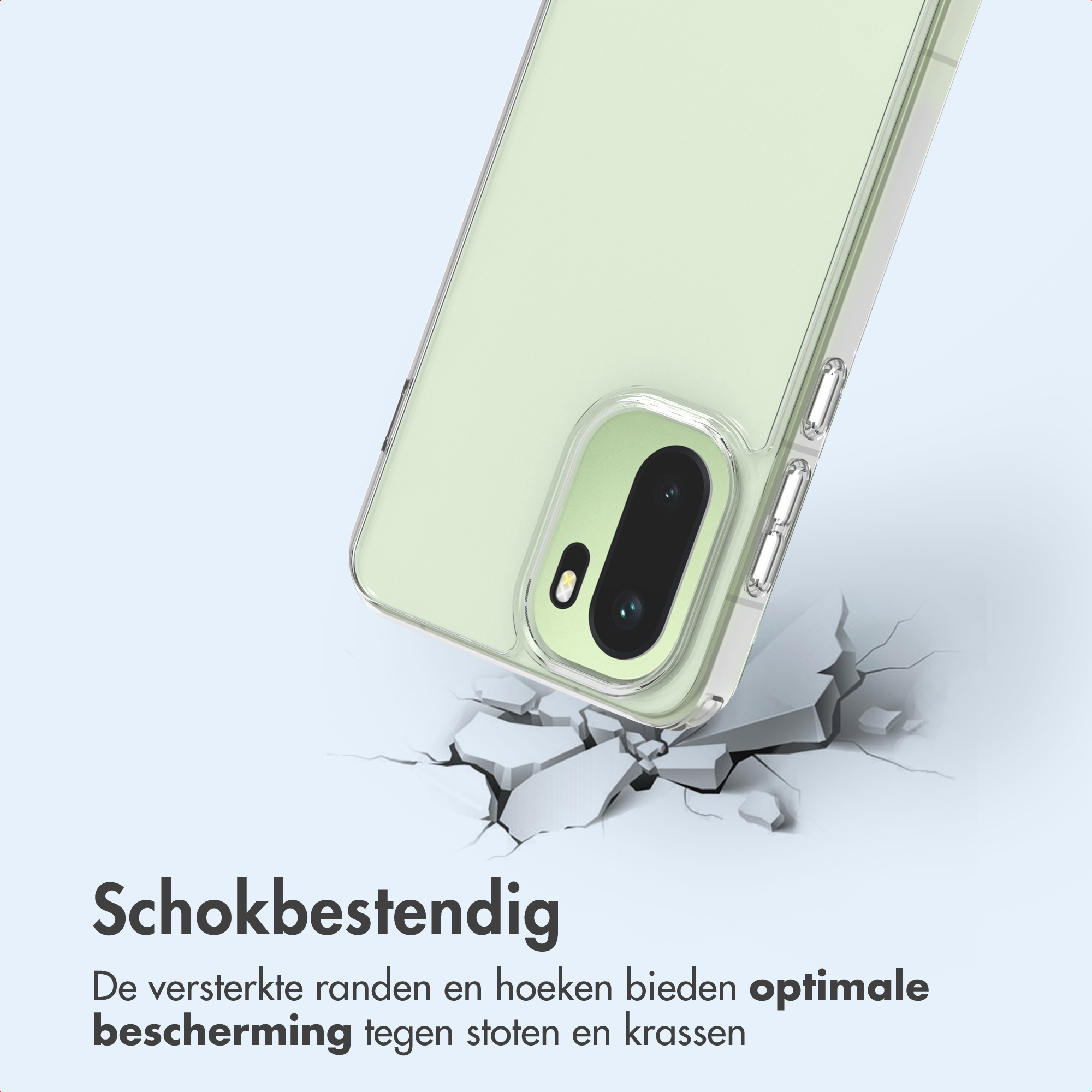 Een telefoon in een doorzichtige hoes valt, met scheuren eronder, en tekst 'Schokbestendig' en productdetails.