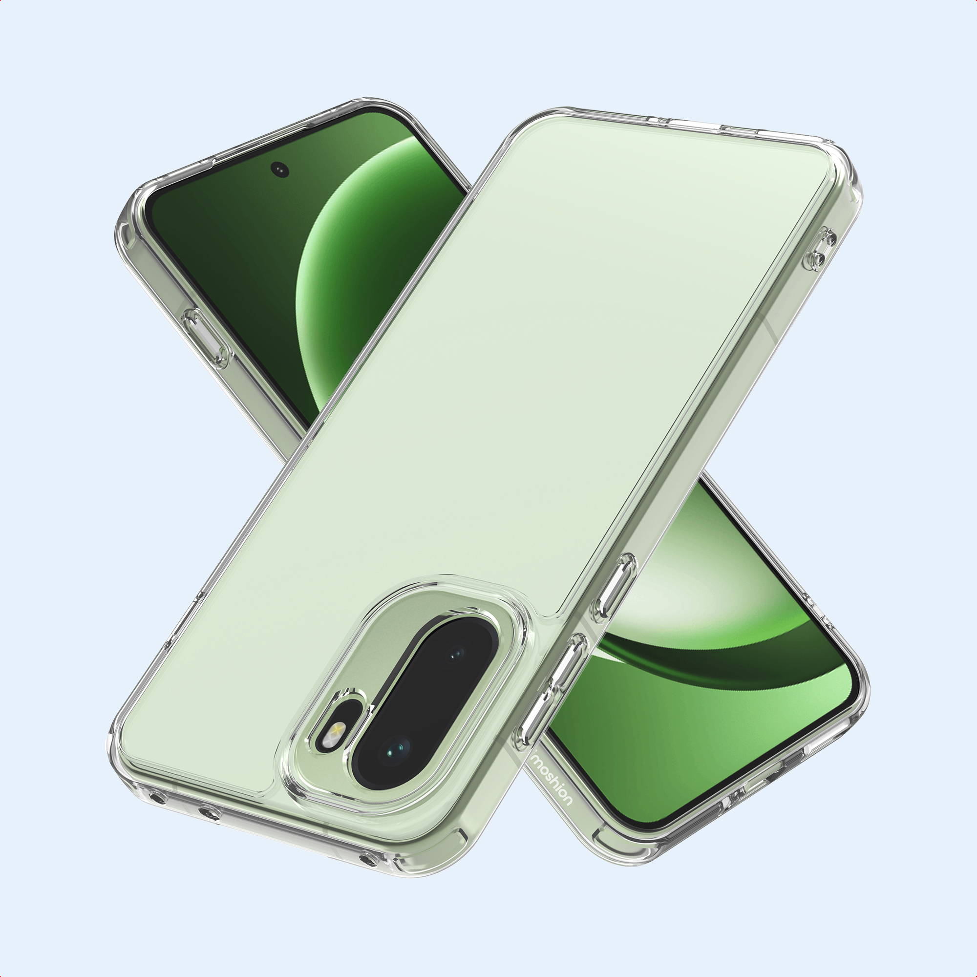 Twee transparante telefoonhoesjes met groene schermen, de ene voor de andere. De achtergrond is lichtblauw.