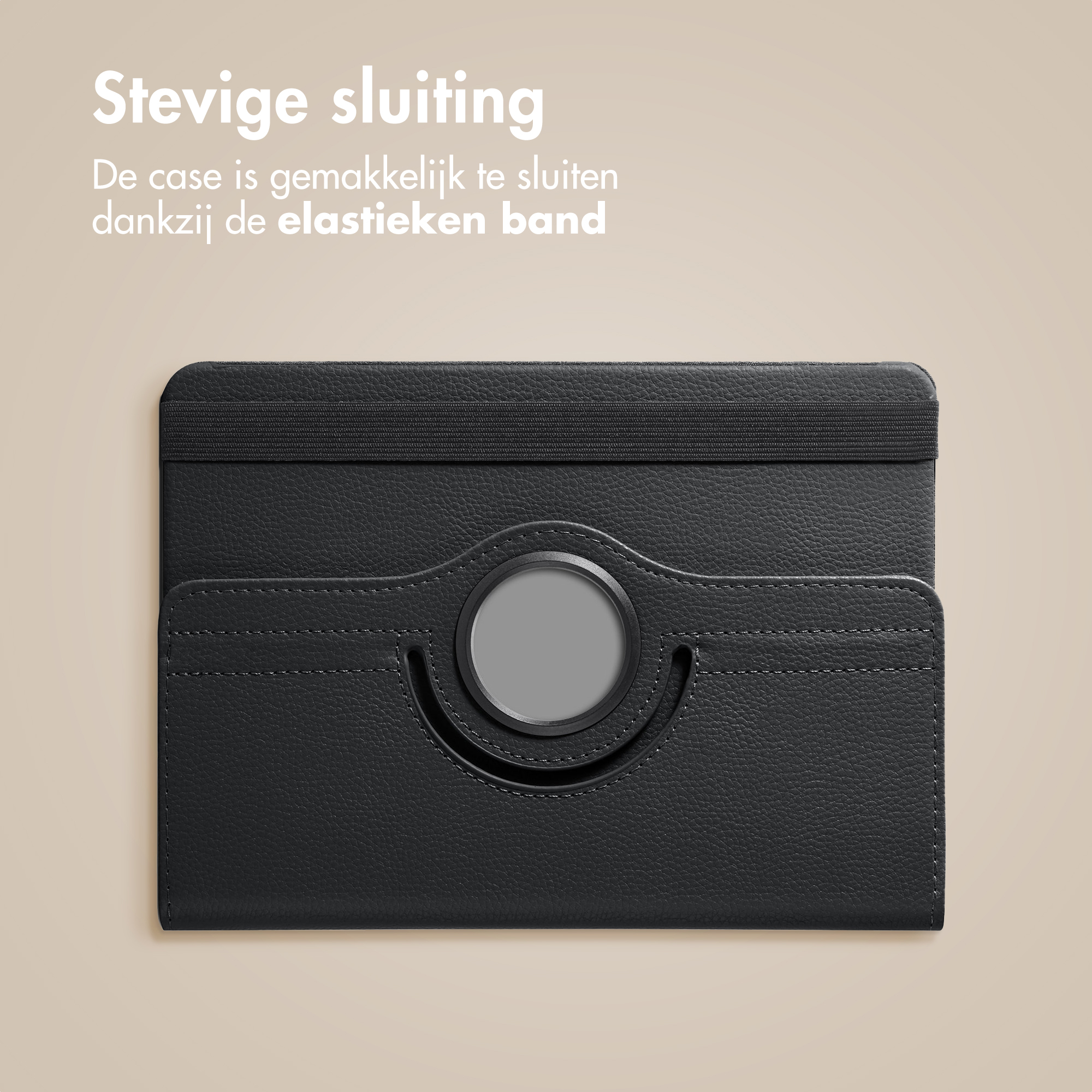 Black tablet case with elastic band closure. Text says 'stevige sluiting'. Background is beige.