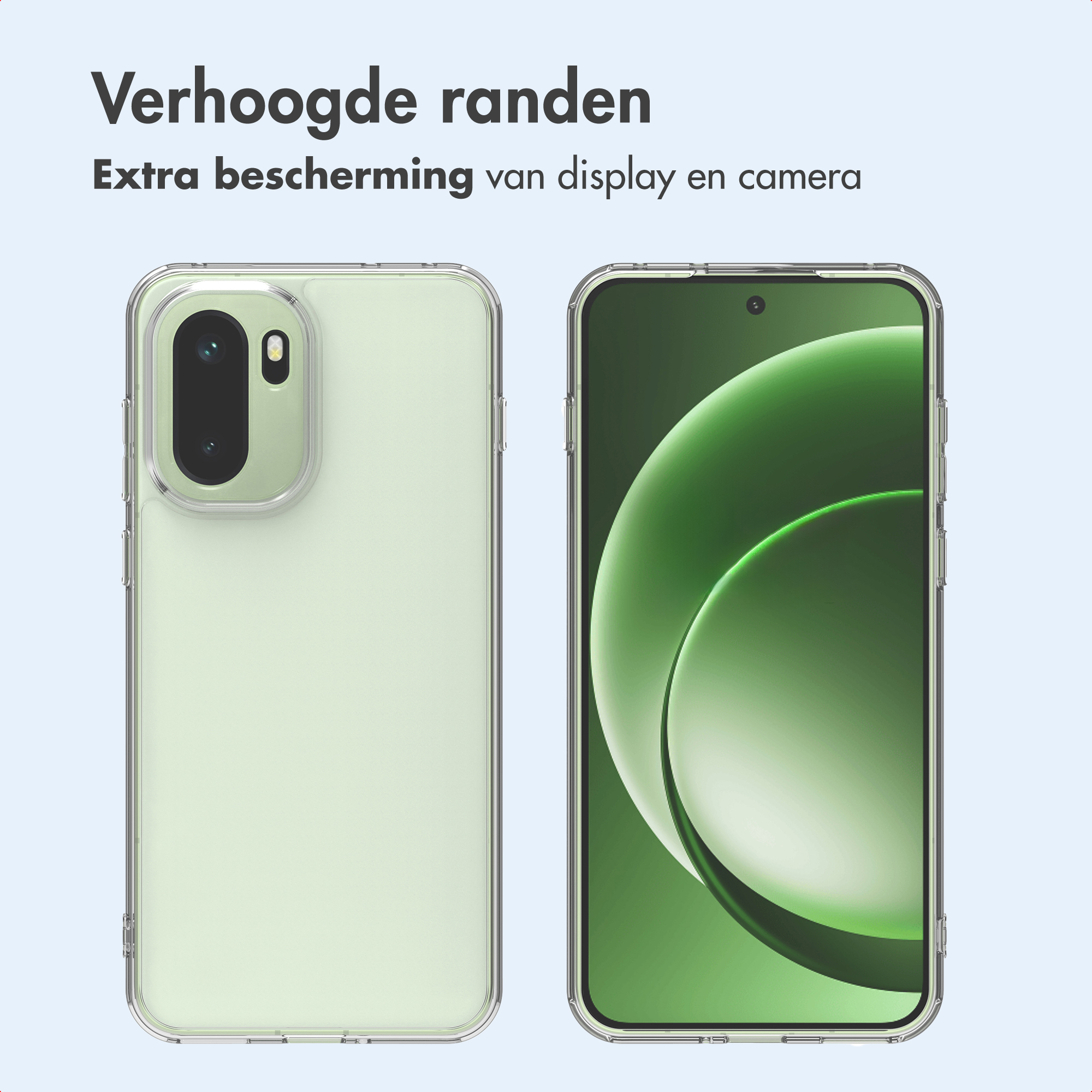 Twee telefoons in transparante hoesjes. De linker heeft een camerabult. Beide hebben groene schermen. Tekst bovenaan.