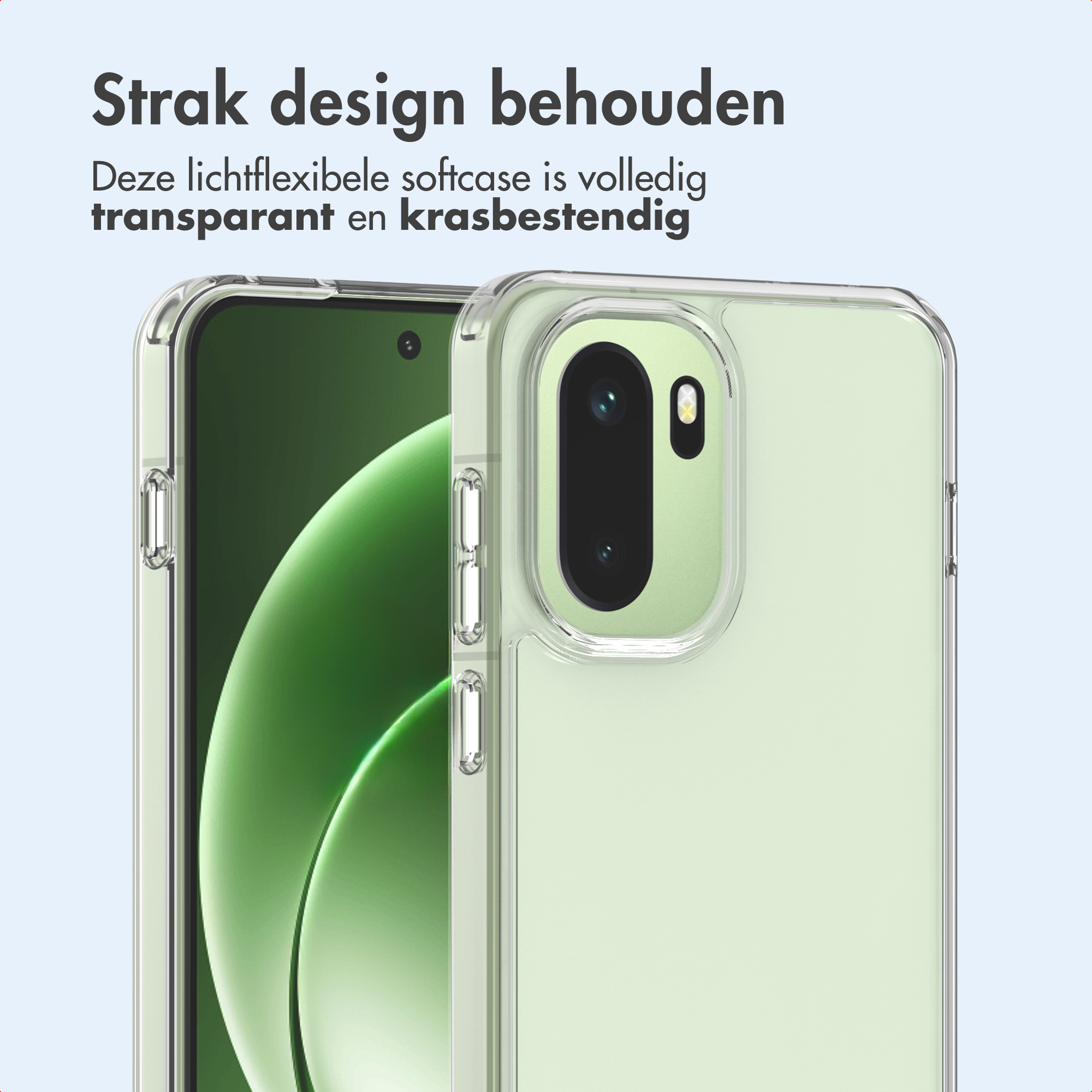 Een telefoon in een transparante hoes. De hoes zit op een telefoon met een groen scherm. Nederlandse tekst.