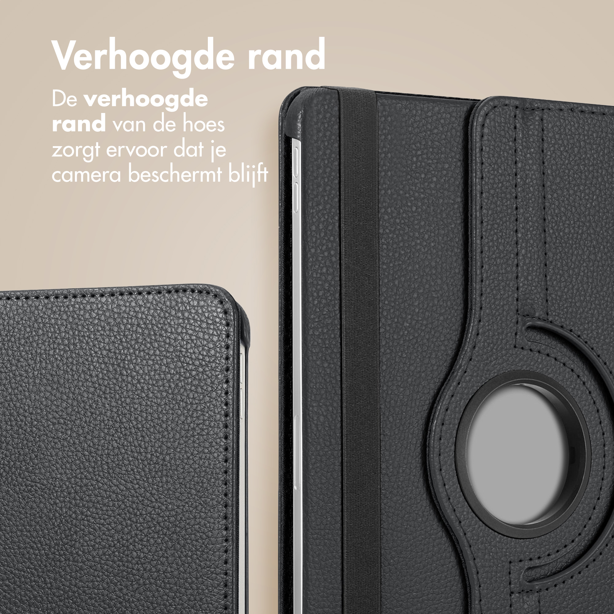 Close-up of a black tablet case with a raised edge. The case is textured. A black elastic band is visible.
