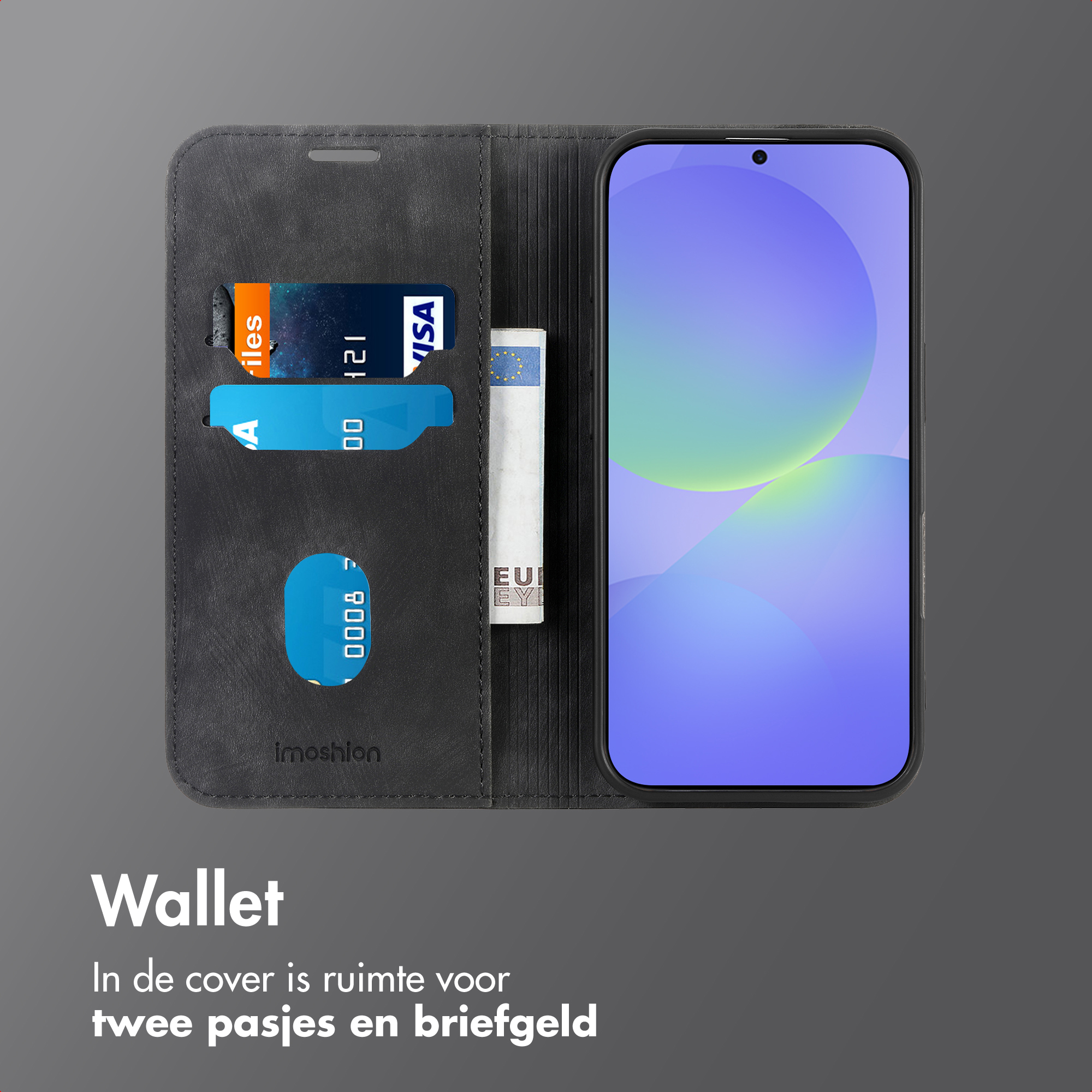 Open portemonnee hoesje met telefoon, kaarten en geld. Grijze achtergrond. Tekst: 'Wallet'.