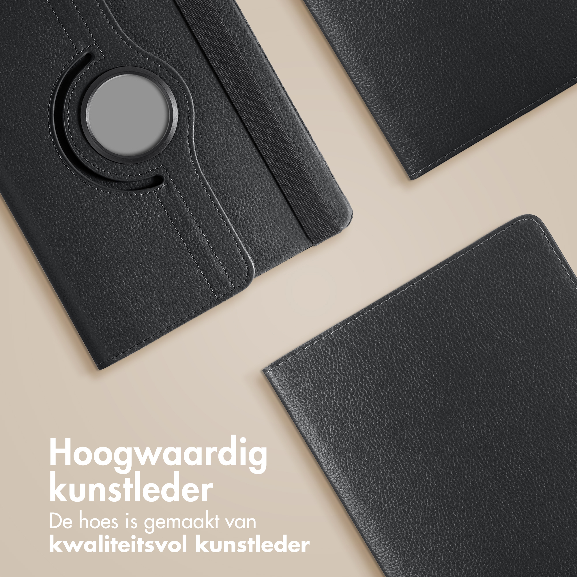 Black leather tablet case with elastic band, gray circle, and stitched edges on a cream background. The text says 'High-quality leather'.