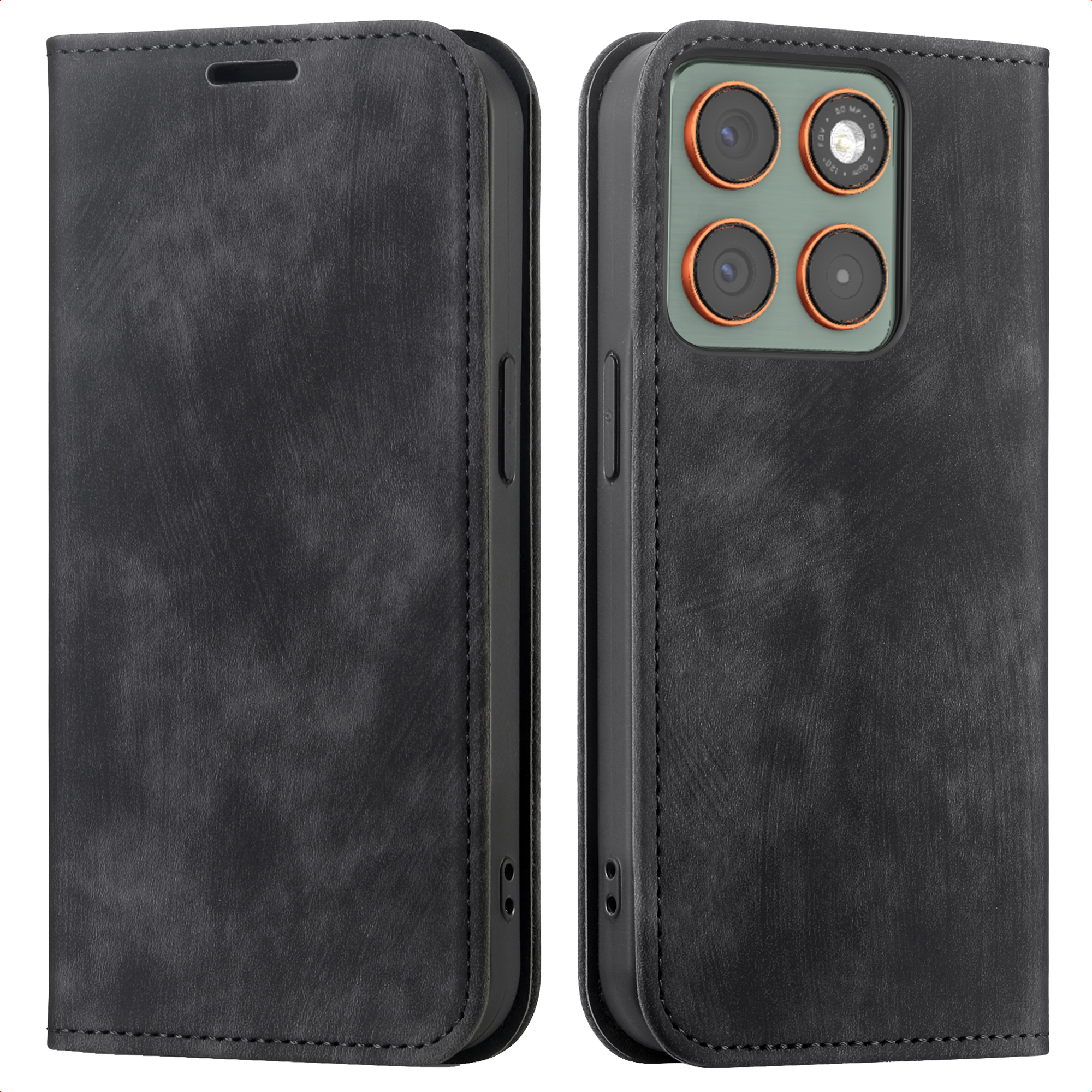 Étui de téléphone en cuir noir, ouvert. Montre la caméra du téléphone, quatre lentilles. L'étui a une surface texturée et des coutures.