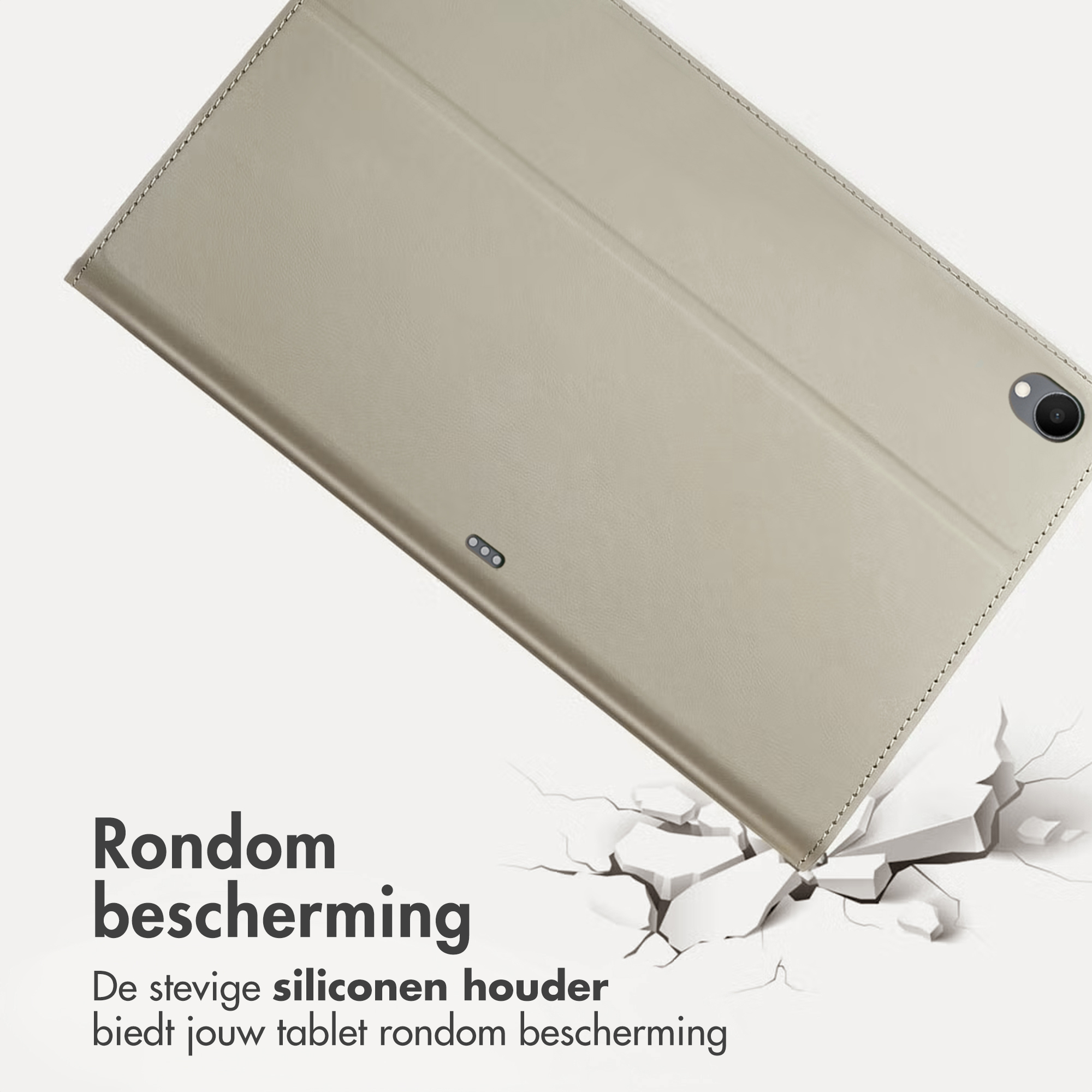 A tablet case, light brown, is shown at an angle. Cracks appear at the bottom. Text reads: all-around protection.