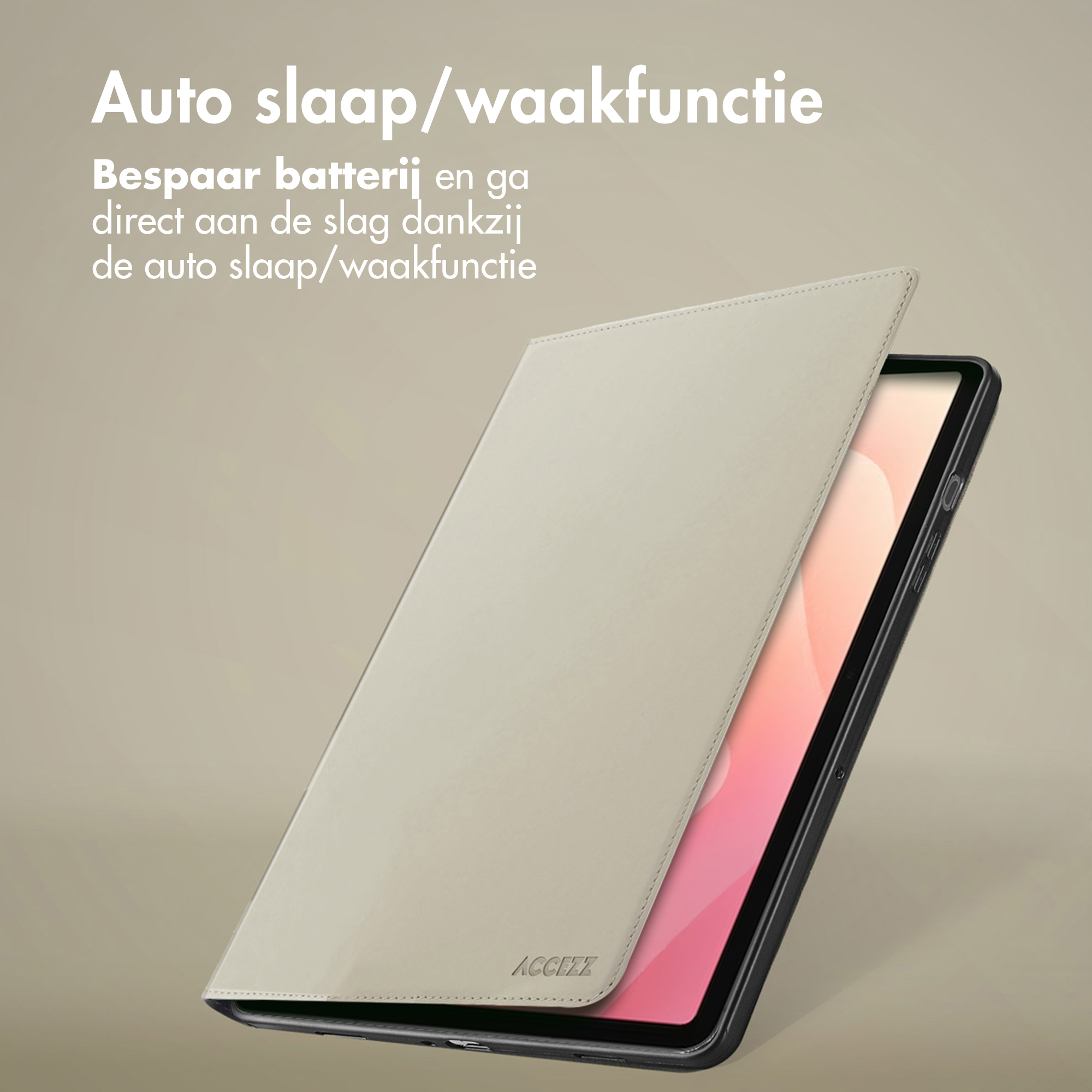A tablet in a tan case. The case is open, showing the screen. Text in Dutch says 'auto sleep/wake function'.