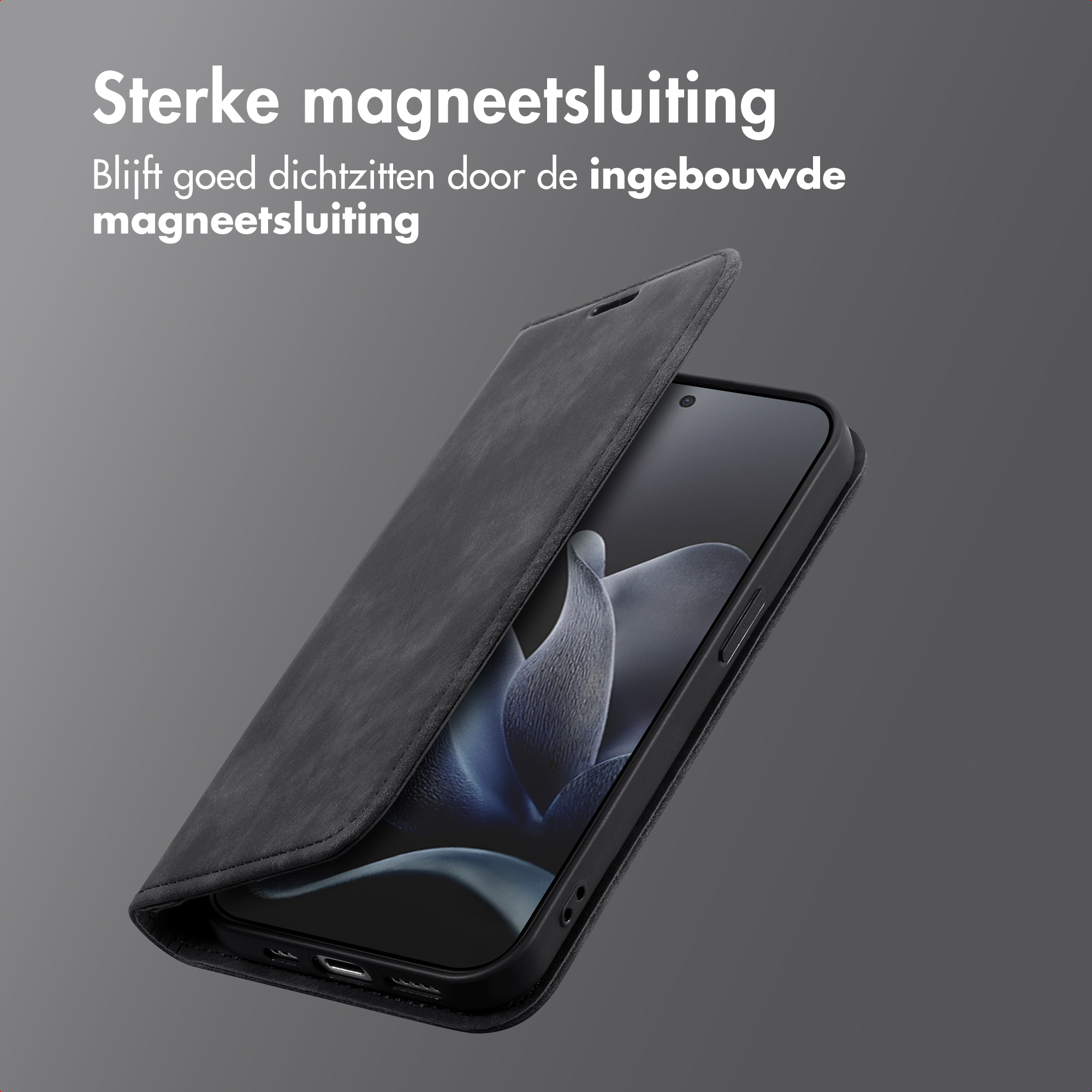 Un téléphone dans un étui noir avec un rabat ouvert. Texte en haut : Fermeture magnétique forte.