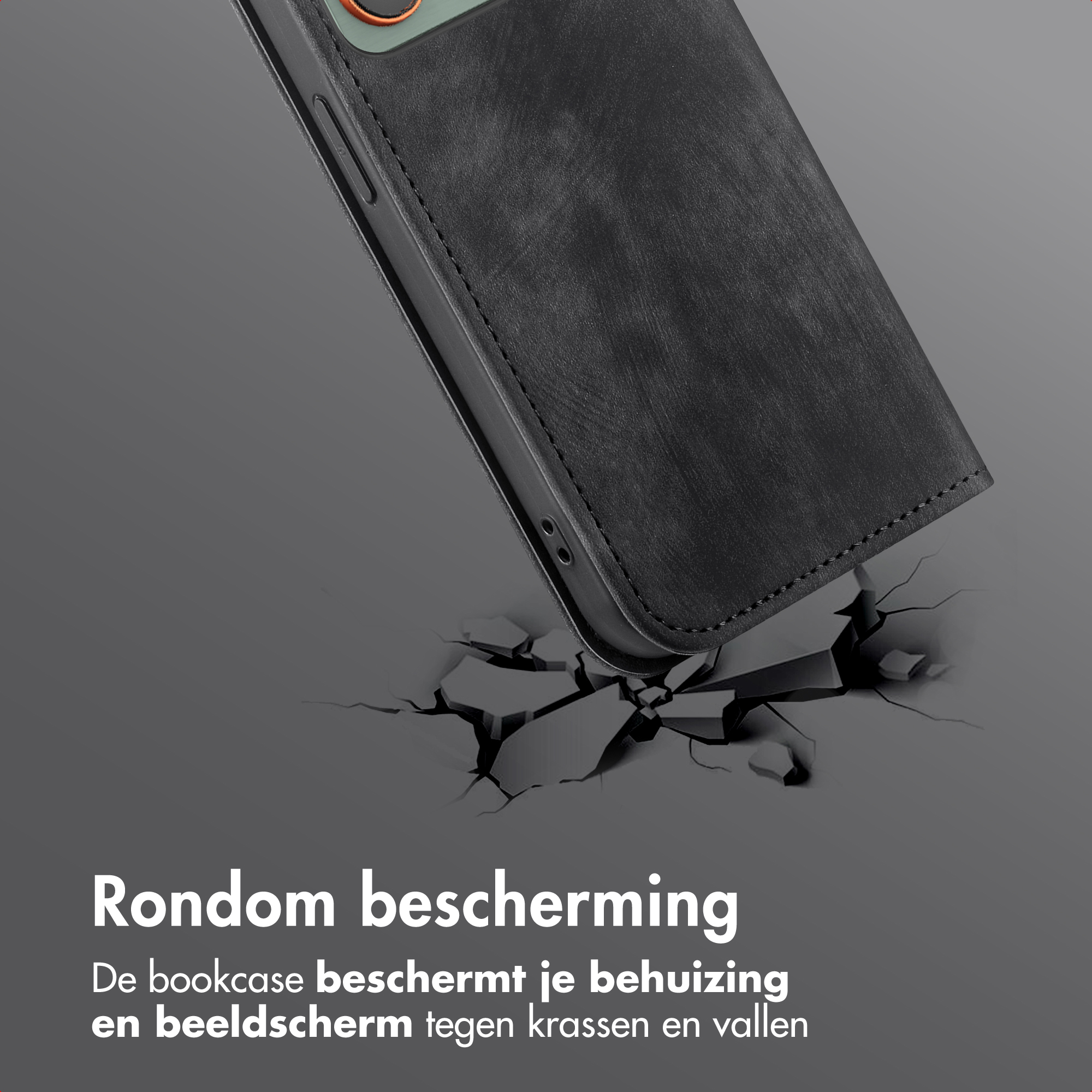 Étui de téléphone noir avec une texture cuir. L'étui brise le sol, suggérant une protection contre les chutes.